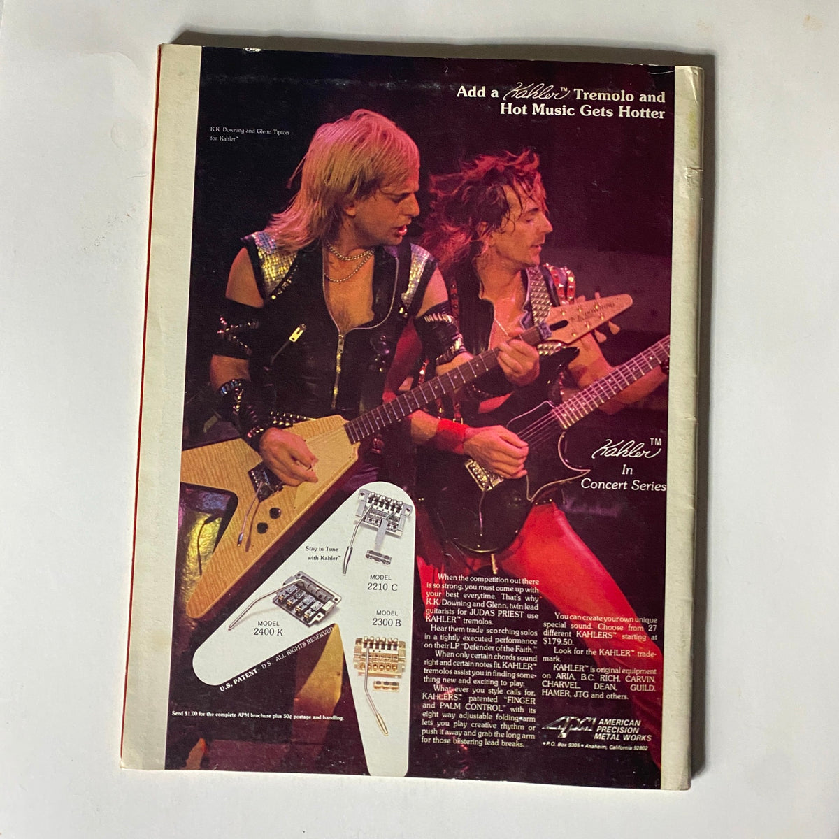 VTG Guitar Magazine October 1984 featuring an advertisement with K.K. Downing and Glenn Tipton of Judas Priest, showcasing musical equipment and promoting the Kahlér tremolo system.