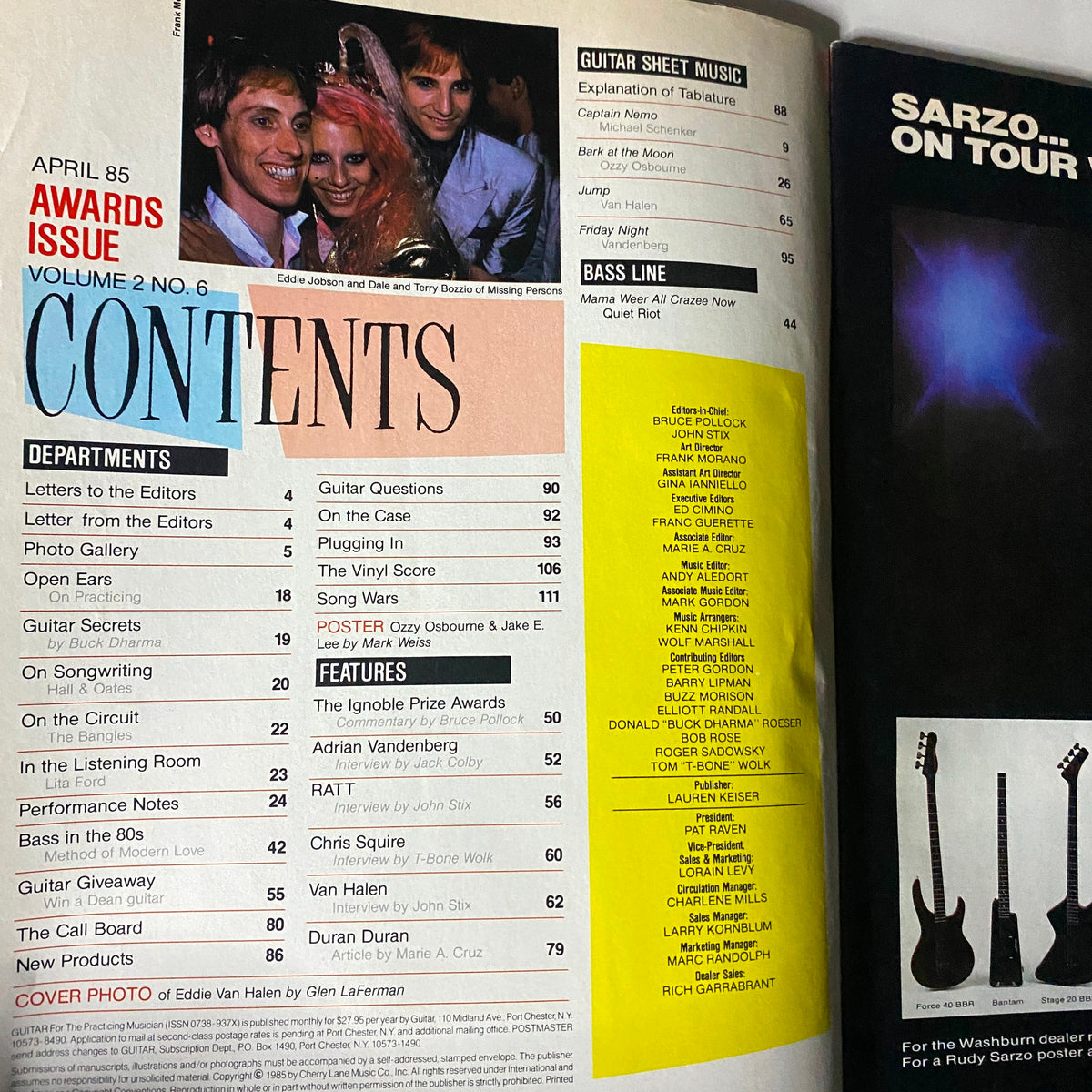 Inside contents page of VTG Guitar Magazine April 1985, showcasing the table of contents for articles, guitar sheet music, and notable features.