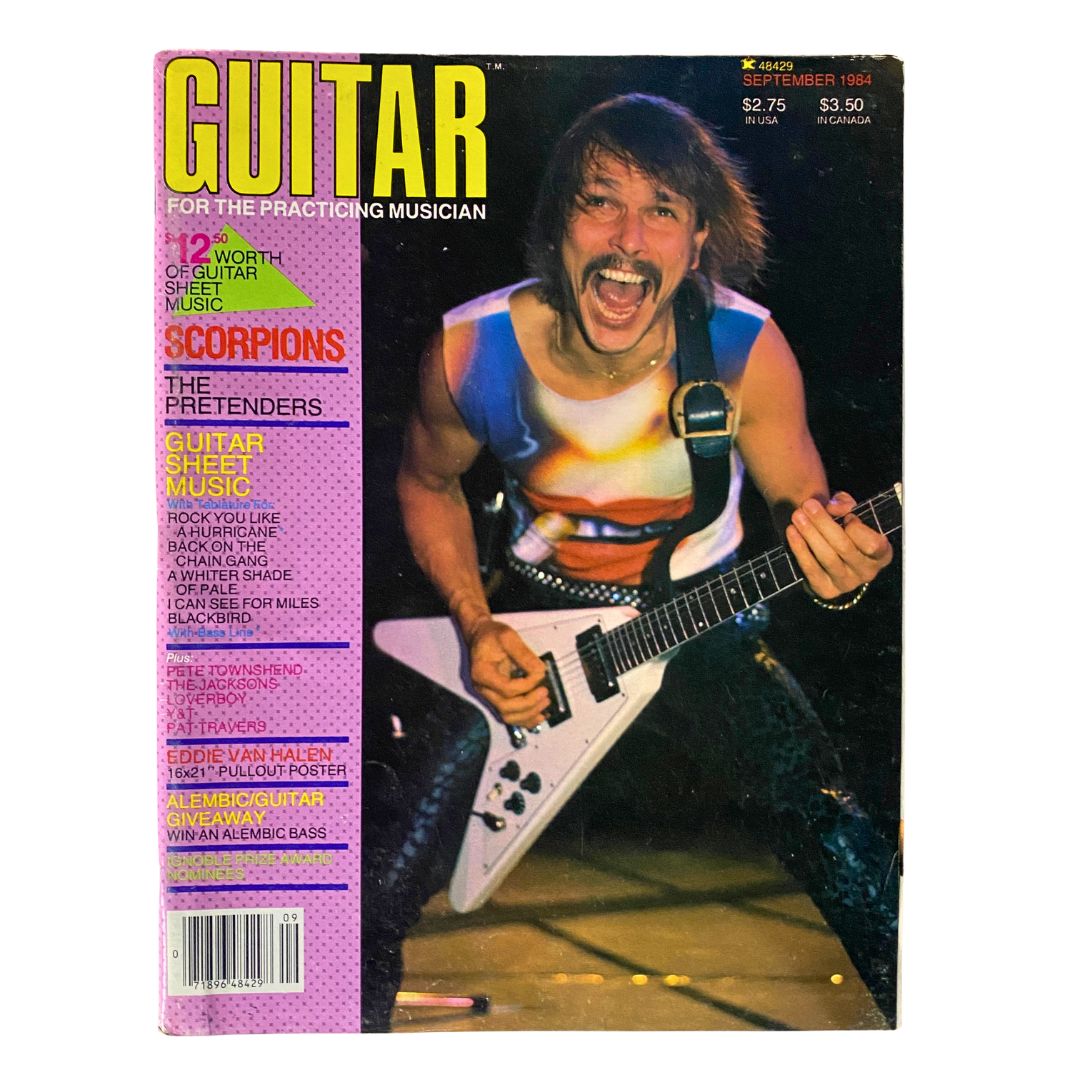 Cover of VTG Guitar Magazine September 1984 featuring Rudolf Schenker of the Scorpions, showcasing vibrant colors and an energetic pose.