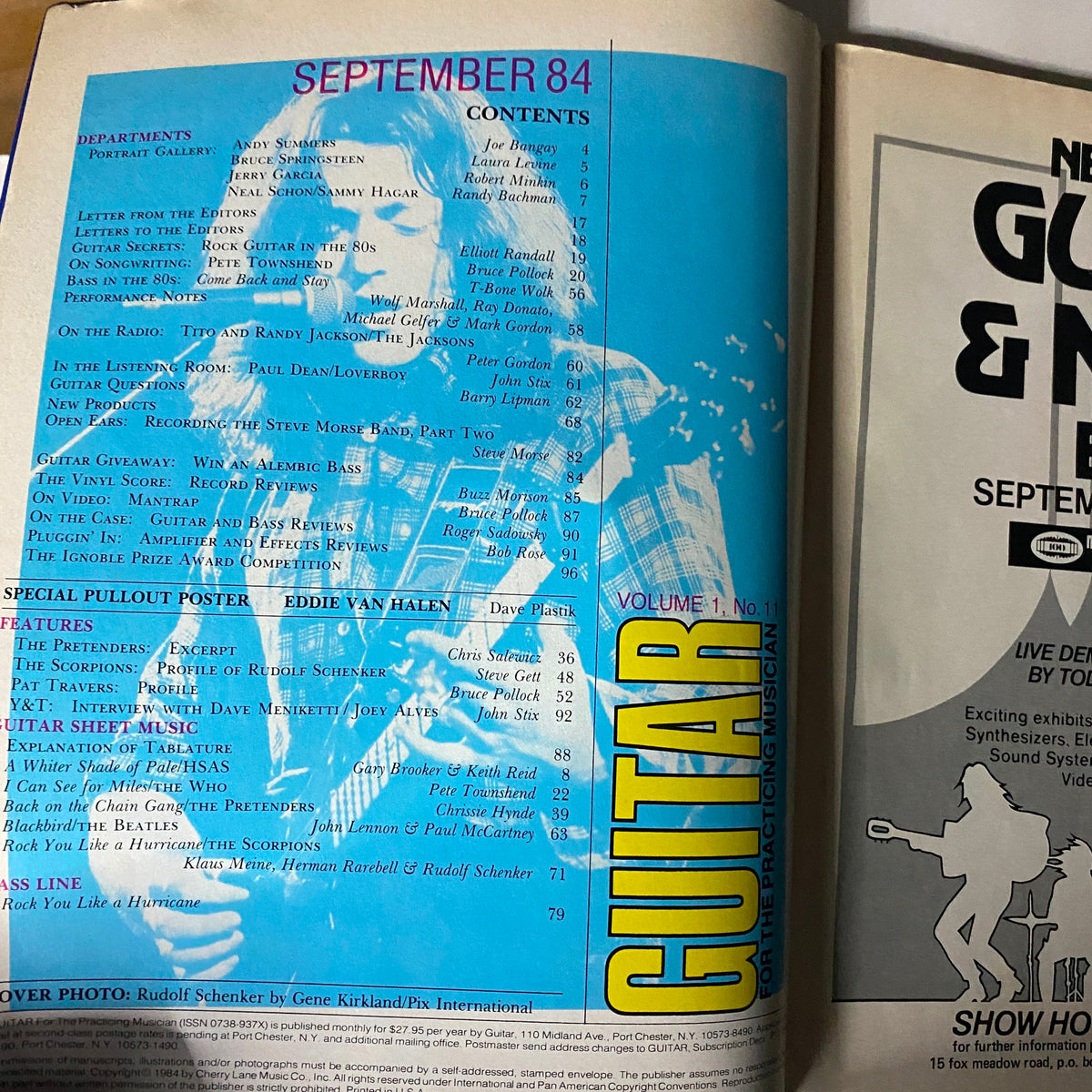 Contents page of VTG Guitar Magazine September 1984 with a focus on the special feature of Rudolf Schenker and Eddie Van Halen, highlighting articles and guitar sheet music.