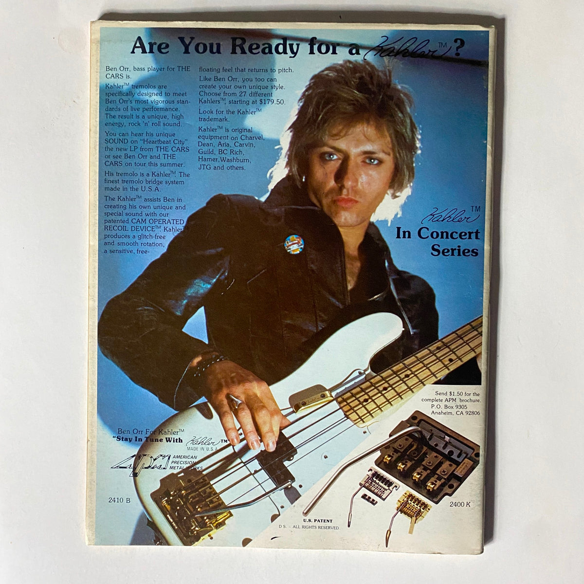Vintage Guitar Magazine September 1984 featuring Rudolf Schenker on the cover, with a promotional ad for Kahler guitar equipment and Ben Orr of The Cars holding a bass guitar. Ideal for collectors and music enthusiasts, showcasing the rich history of rock music.