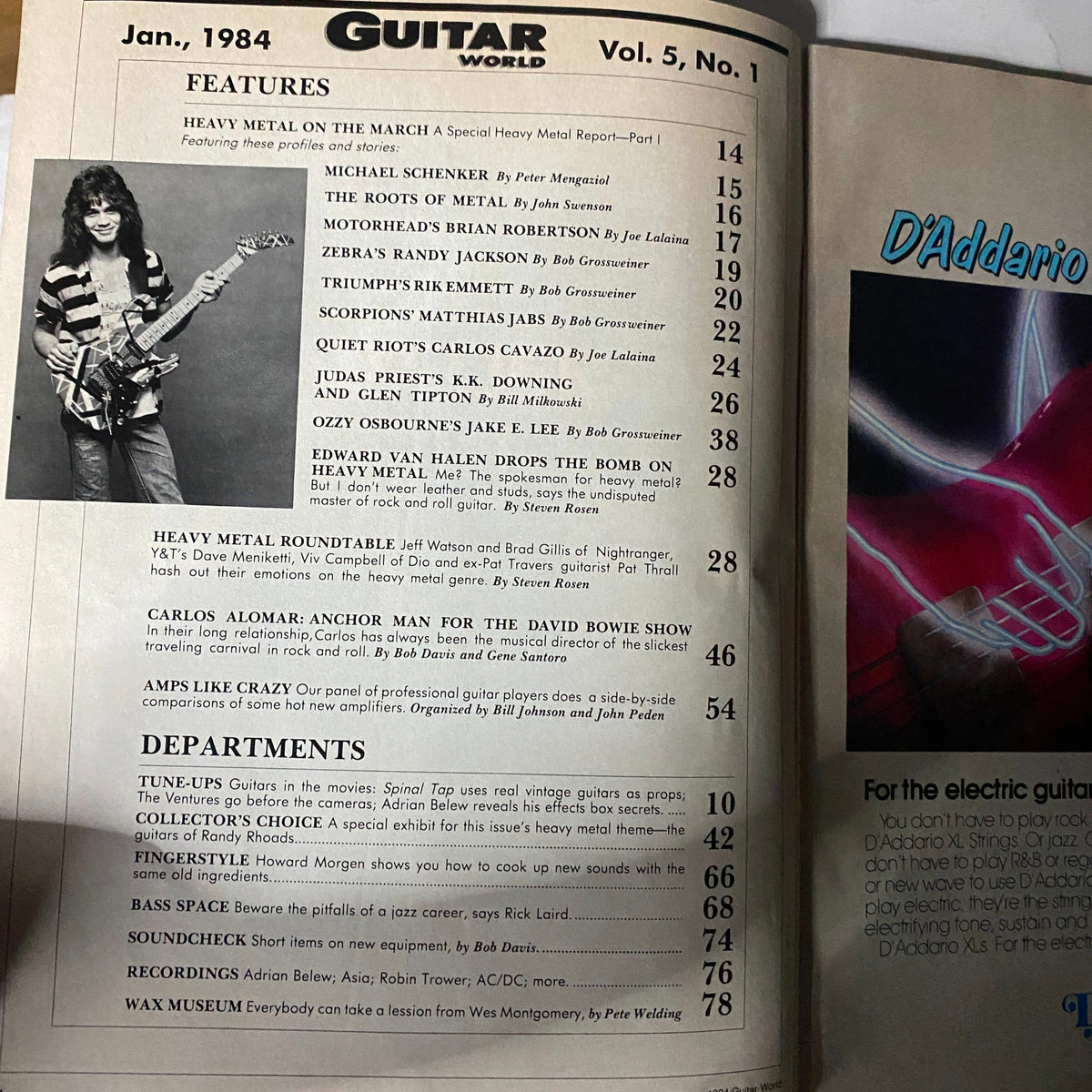 Inside page of Guitar World Magazine January 1984, Vol. 5 No. 1, detailing features and articles including Eddie Van Halen, heavy metal insights, and notable musicians of the era.