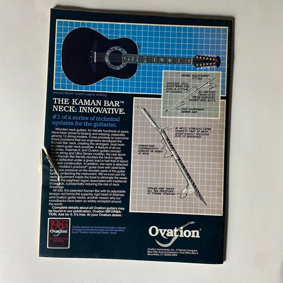 Back cover of Guitar World Magazine January 1984, showcasing a detailed advertisement for Ovation guitars, featuring a custom acoustic electric model and technical specifications.
