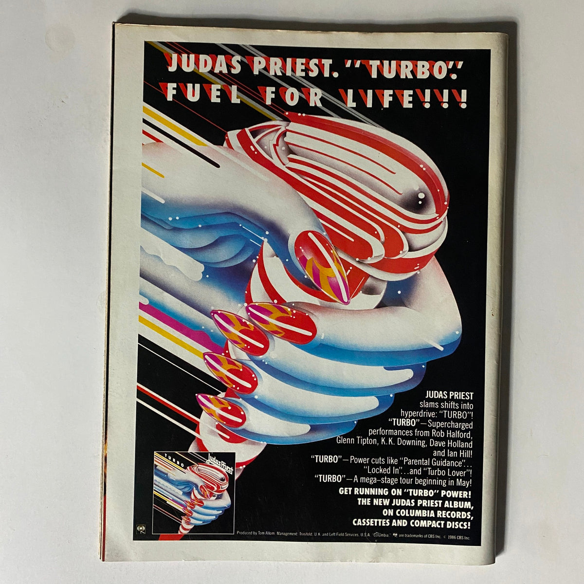 Back cover of Hard Rock Video Magazine June 1986 #9, highlighting the advertisement for Judas Priest's album 'Turbo' with vibrant graphic design and promotional information.