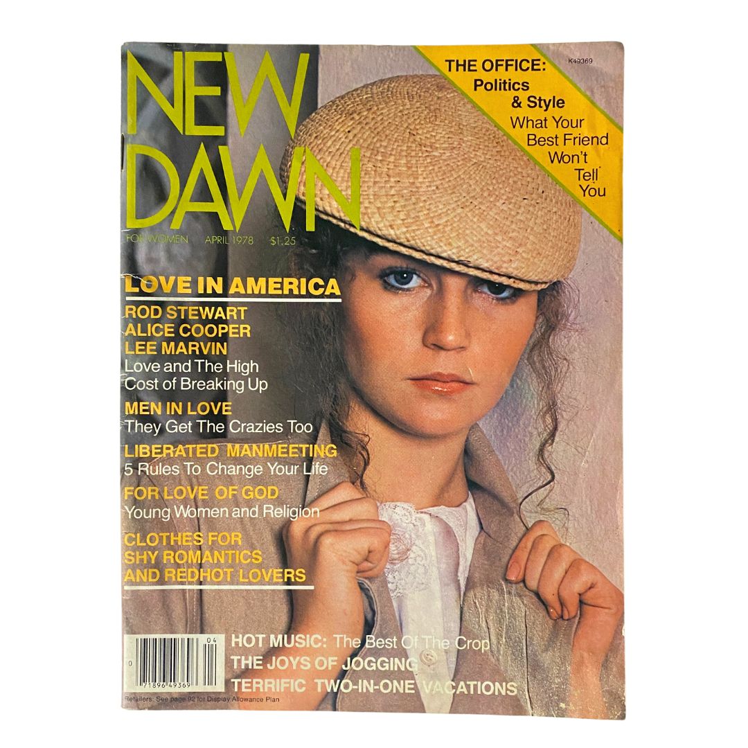 Cover of VTG New Dawn for Women Magazine March 1978 featuring a model in a hat, showcasing topics like 'Love in America' and articles on popular figures like Rod Stewart and Alice Cooper.