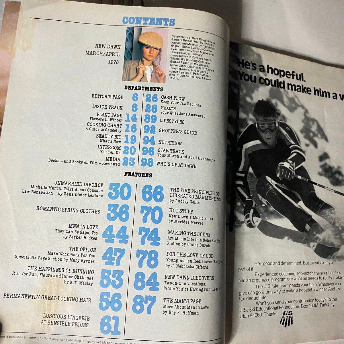 Contents page of VTG New Dawn for Women Magazine March 1978, listing featured articles and departments, highlighting topics on women's lifestyle and empowerment.