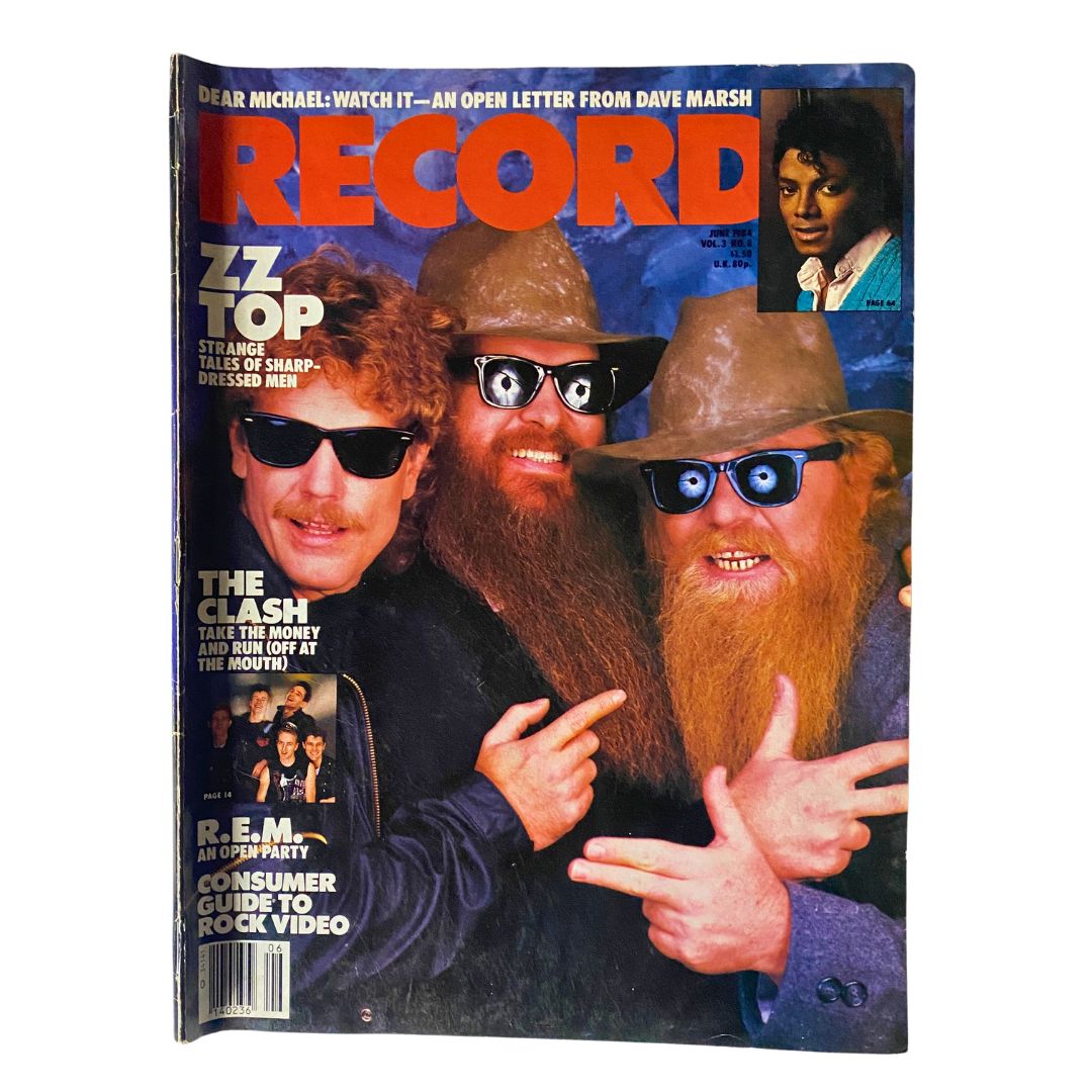 Vintage Record Magazine June 1984 cover featuring ZZ Top, with Michael Jackson's image in the corner. Vol 3 No. 8. Collectible item showcasing iconic musicians from the 1980s music scene.