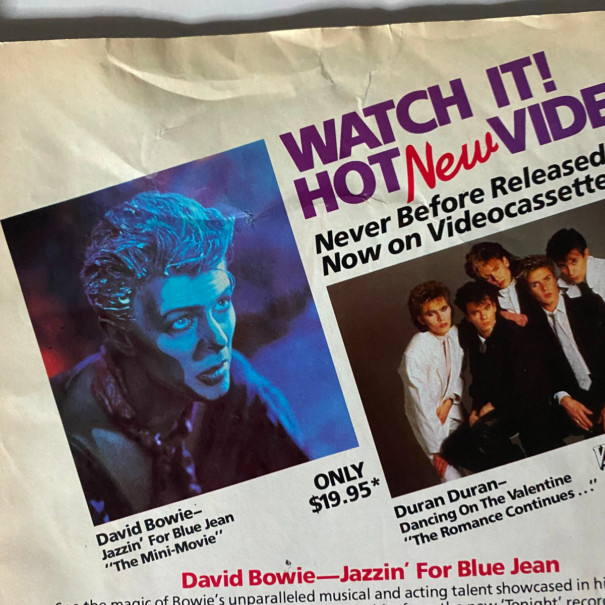 Advertisement in VTG Record Magazine December 1984 Vol 4 No. 2 featuring David Bowie’s 'Jazzin' For Blue Jean' video release.