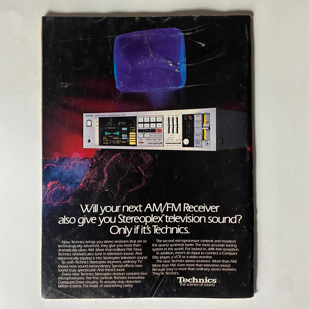 Back cover of VTG Record Magazine December 1984 Vol 4 No. 2 showcasing Technics stereo receivers in a vibrant design.