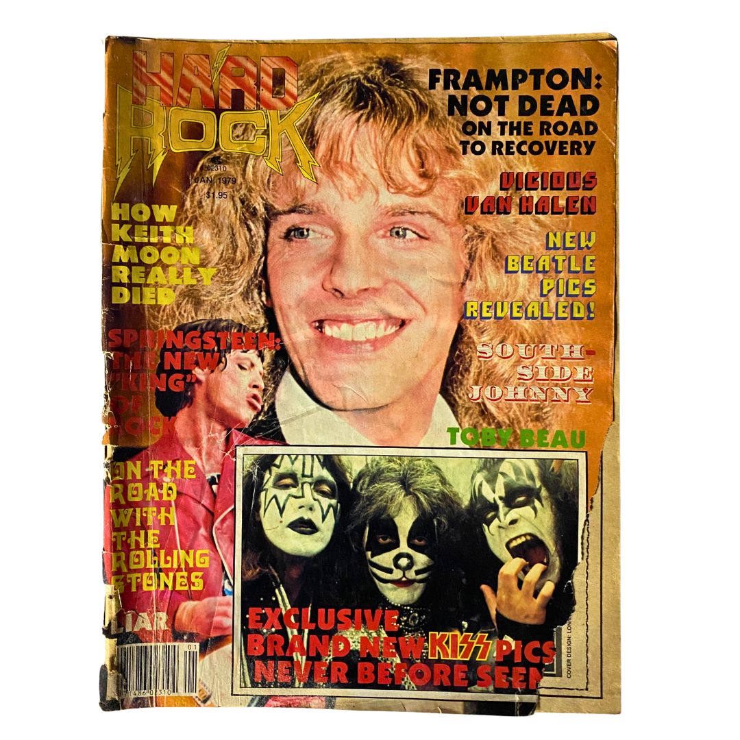 Vintage Hard Rock Magazine cover from January 1979 featuring Peter Frampton, highlighting articles about Keith Moon, Bruce Springsteen, and exclusive content about the band Kiss. The cover captures the essence of late 1970s rock culture.