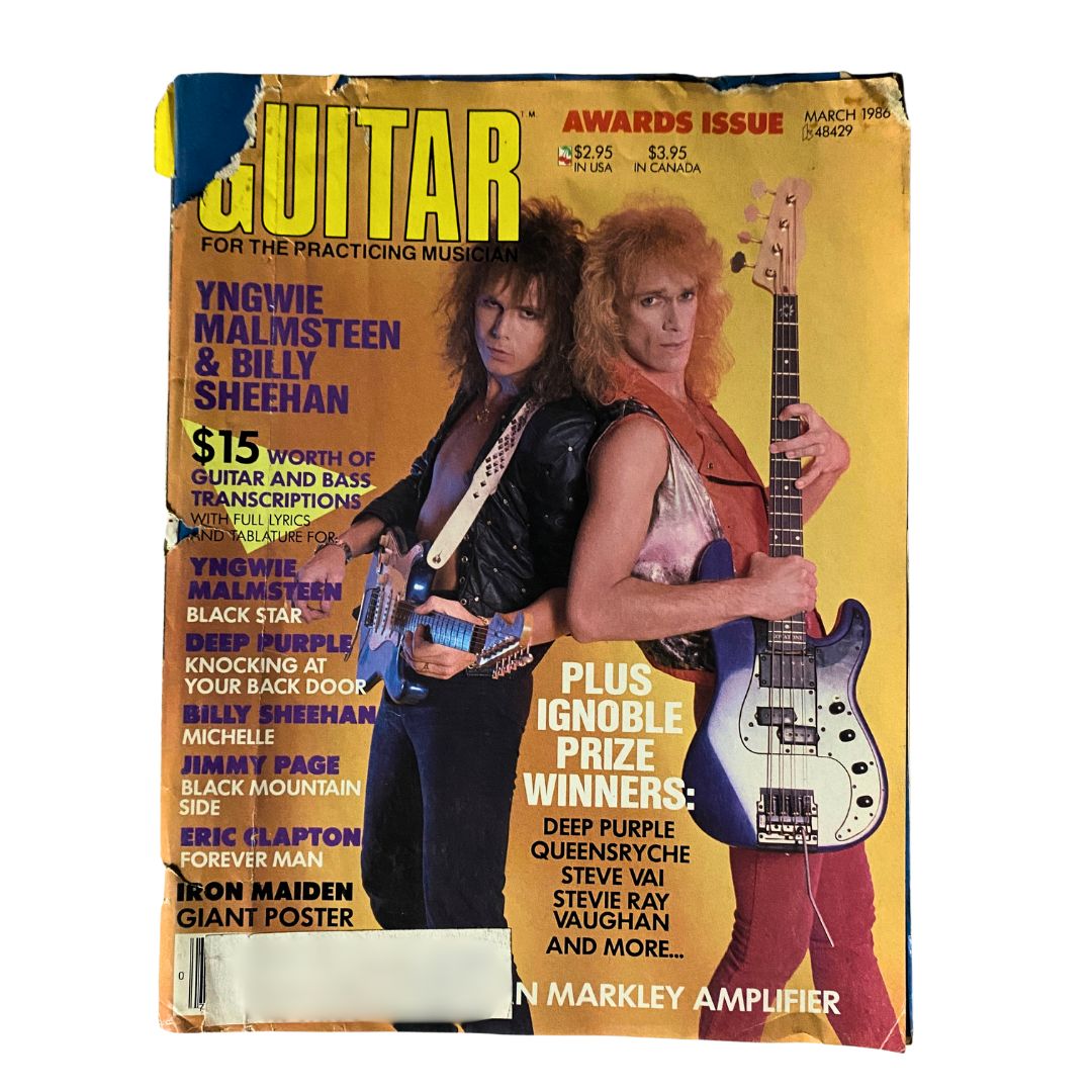 Cover of Guitar Magazine March 1986 featuring Yngwie Malmsteen and Billy Sheehan with an awards theme, showcasing their iconic guitars.