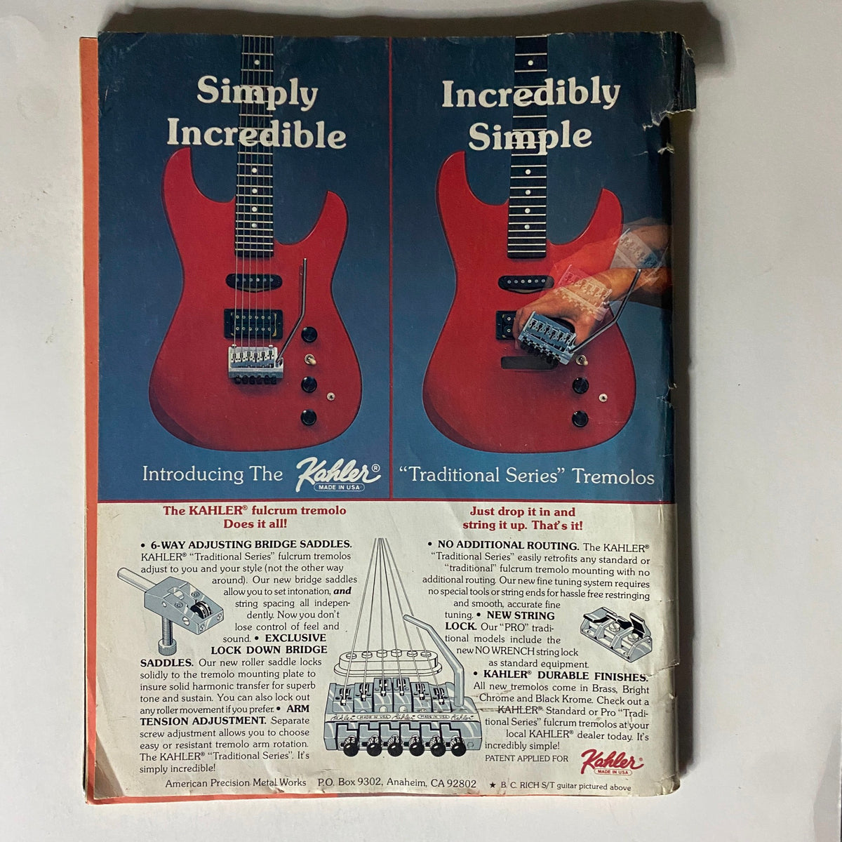Back cover of Guitar Magazine March 1986 displaying an advertisement for Kahler tremolos, highlighting features and illustrations of innovative guitar accessories.