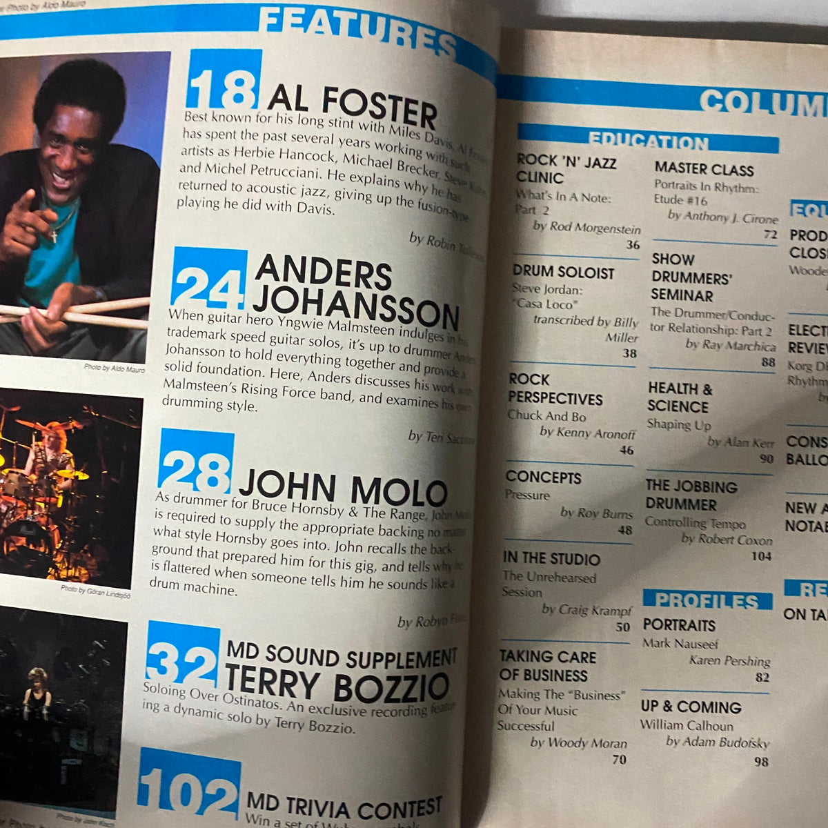 Interior page of VTG Modern Drummer Magazine January 1989 featuring profiles and articles on Al Foster and Anders Johansson, emphasizing drumming techniques.