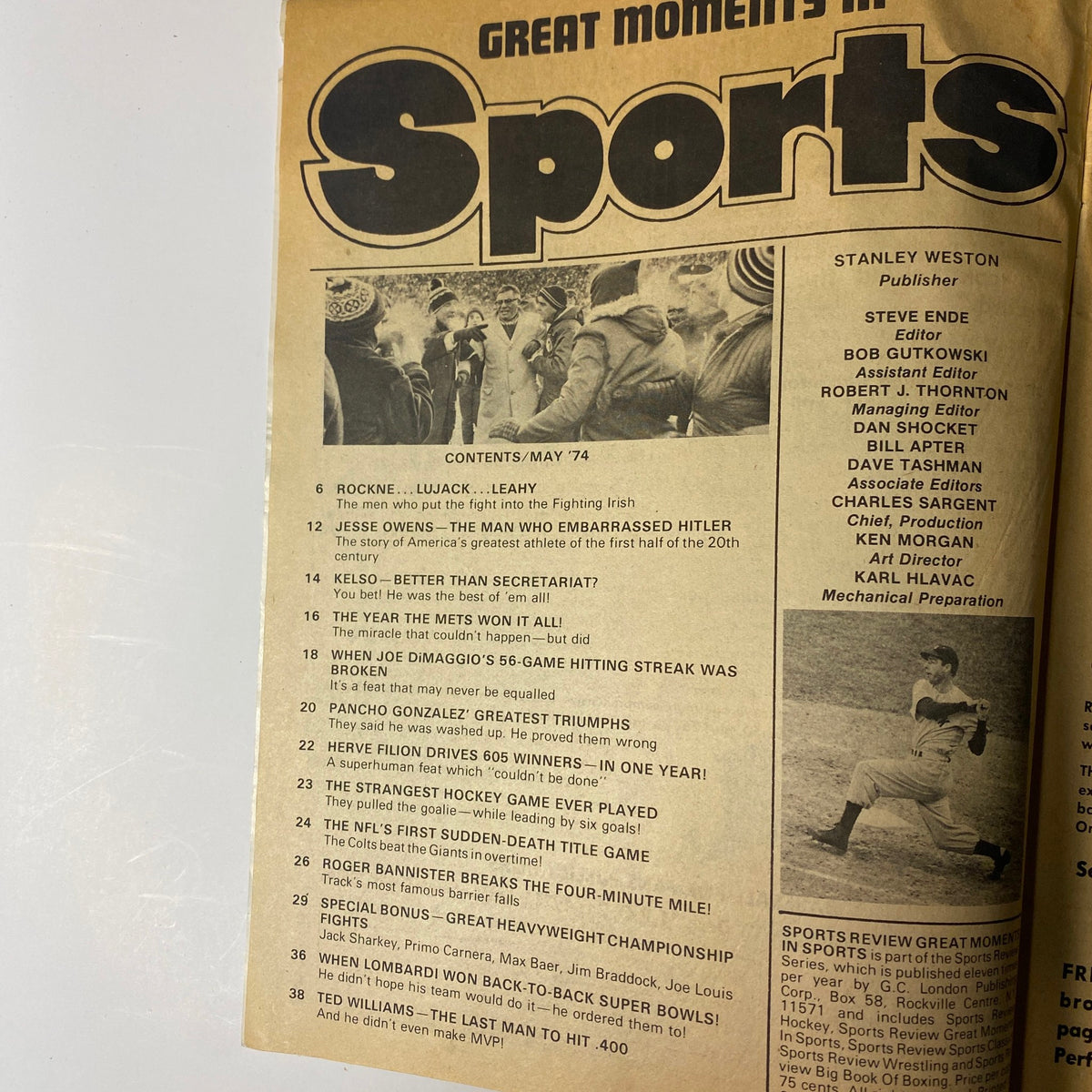 Inside cover page of Sports Review Magazine May 1974 featuring contents list for 'The Great Moments in Sports,' including highlights like Rockne, Lujack, Leahy, and Jesse Owens.
