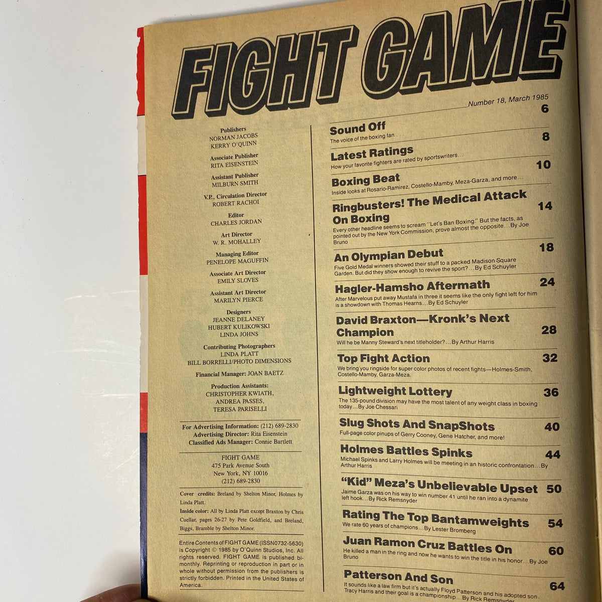Contents page of Fight Game Magazine March 1985, listing features including 'Sound Off', 'Boxing Beat', and columns on notable boxing events and fighters.