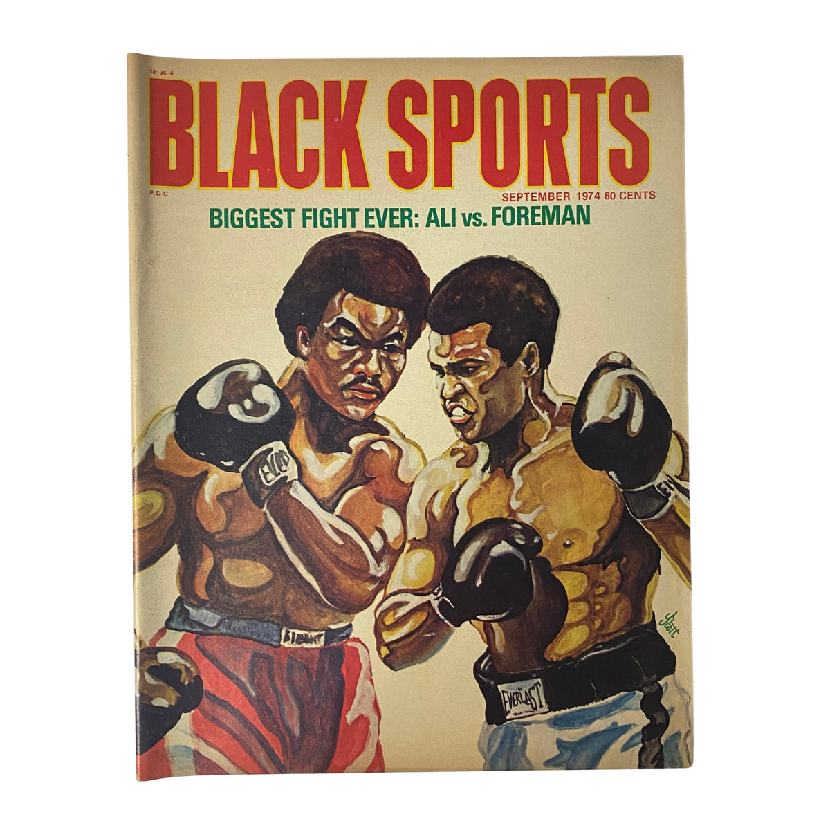 Cover of Black Sports Magazine September 1974 featuring a painting of boxers Muhammad Ali and George Foreman, showcasing the biggest fight ever: Ali vs. Foreman.