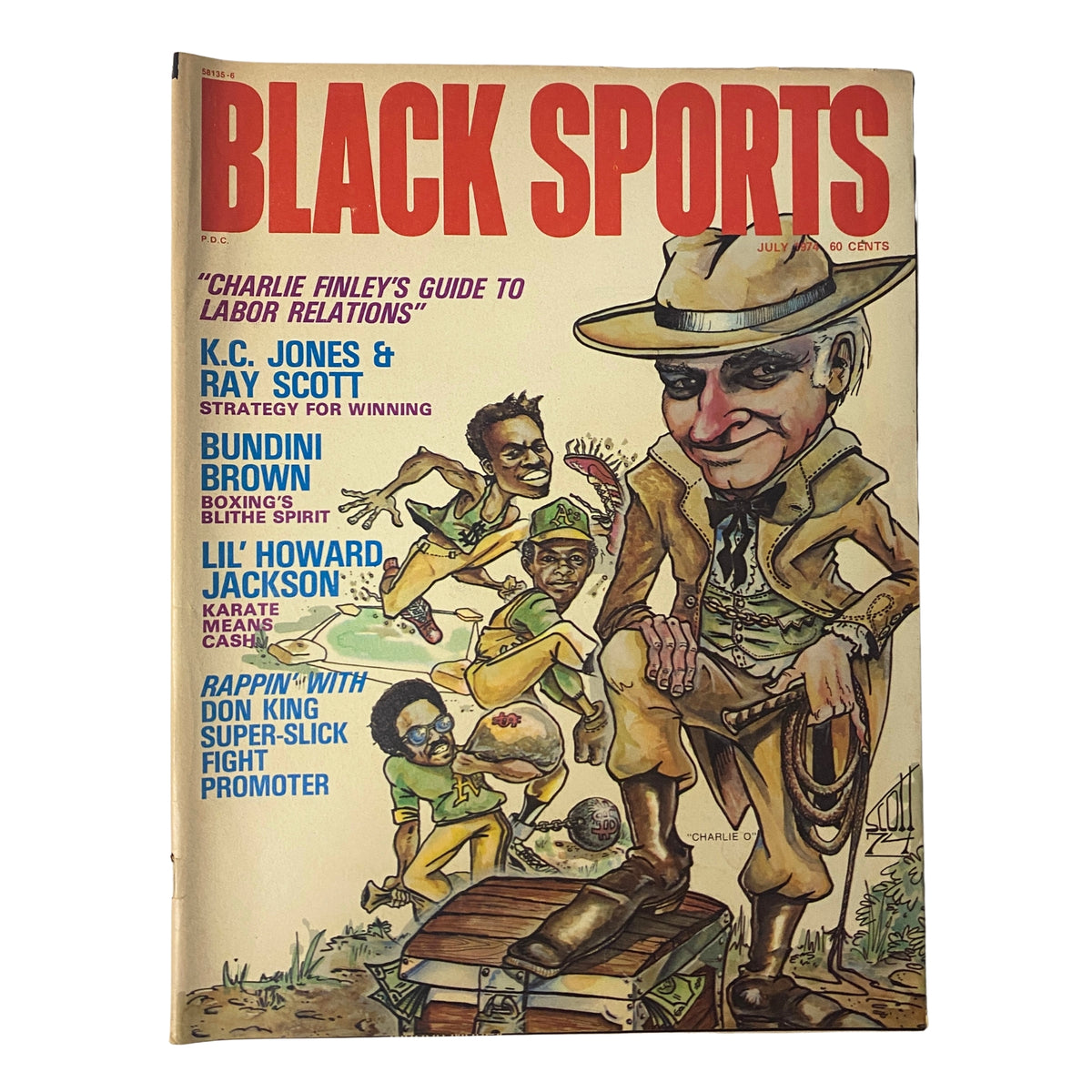 Cover of Black Sports Magazine July 1974 featuring Charlie Finley, K.C. Jones, Ray Scott, Bundini Brown, and Lil' Howard Jackson, showcasing diverse athletes and cultural figures.