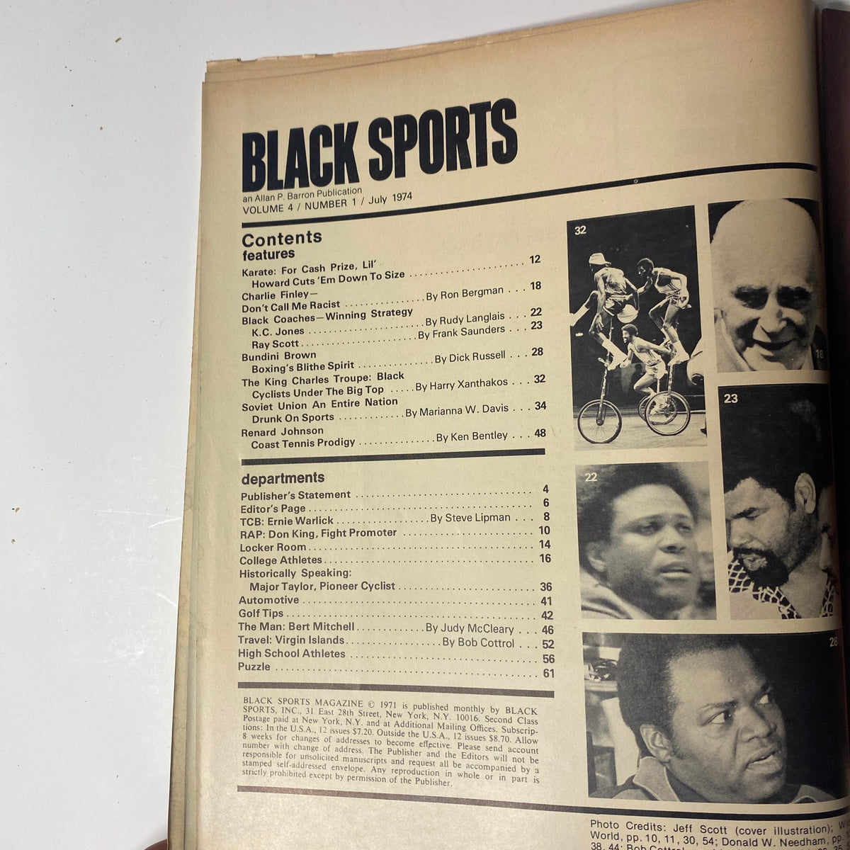 Contents page of Black Sports Magazine July 1974, Volume 4, Number 1, listing features including K.C. Jones, Bundini Brown, and various sports articles.