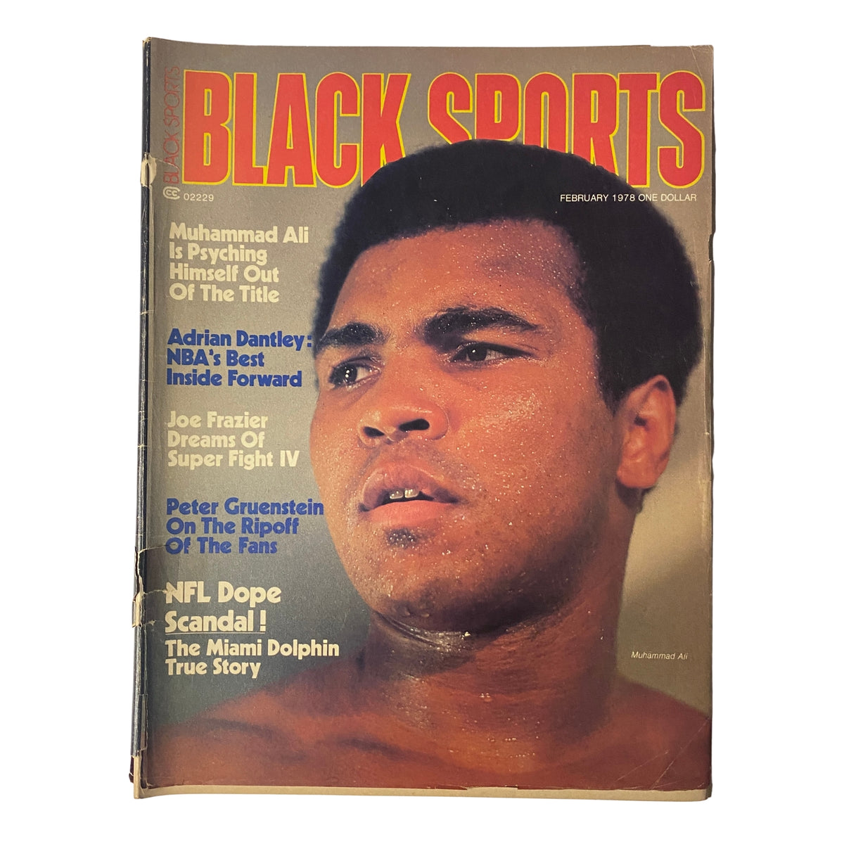 Cover of Black Sports Magazine, February 1978, featuring Muhammad Ali with a close-up portrait, highlighting the title and issue details.