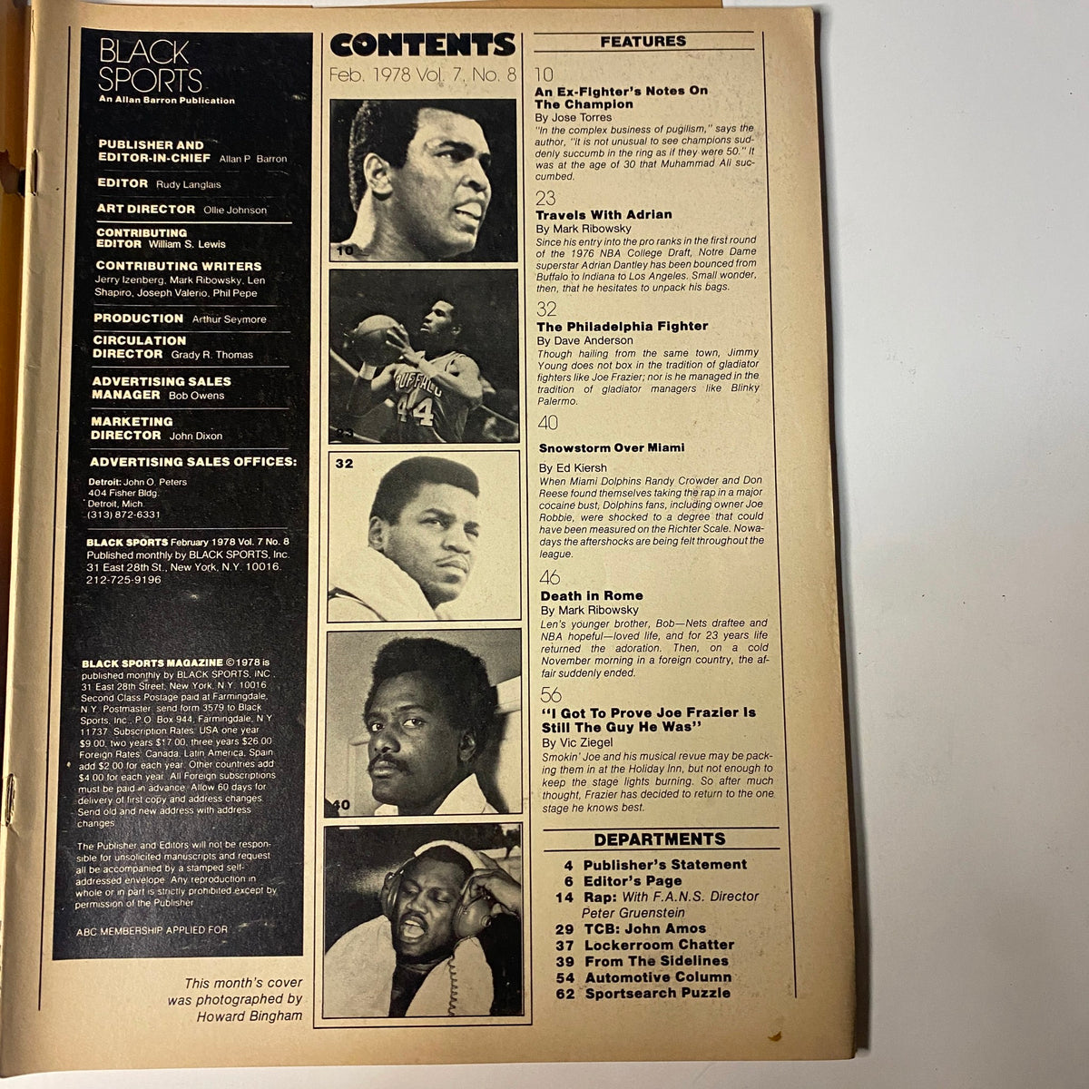 Table of contents page from Black Sports Magazine, February 1978, listing articles including features on Adrian Dantley, Muhammad Ali, and Joe Frazier.