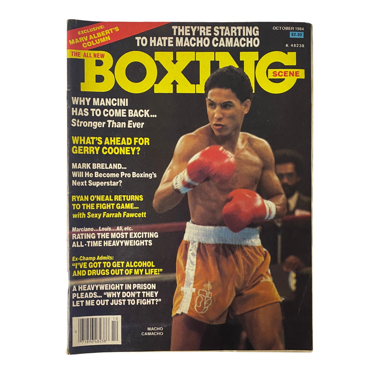 Boxing Scene Magazine October 1984 Héctor Macho Camacho Cover showcasing the WBC super featherweight champ in the ring, featuring headlines such as 'They're Starting to Hate Macho Camacho' and 'What’s Ahead for Gerry Cooney?'. The magazine highlights contemporary boxing stories, cultural insights, and profiles of fighters.