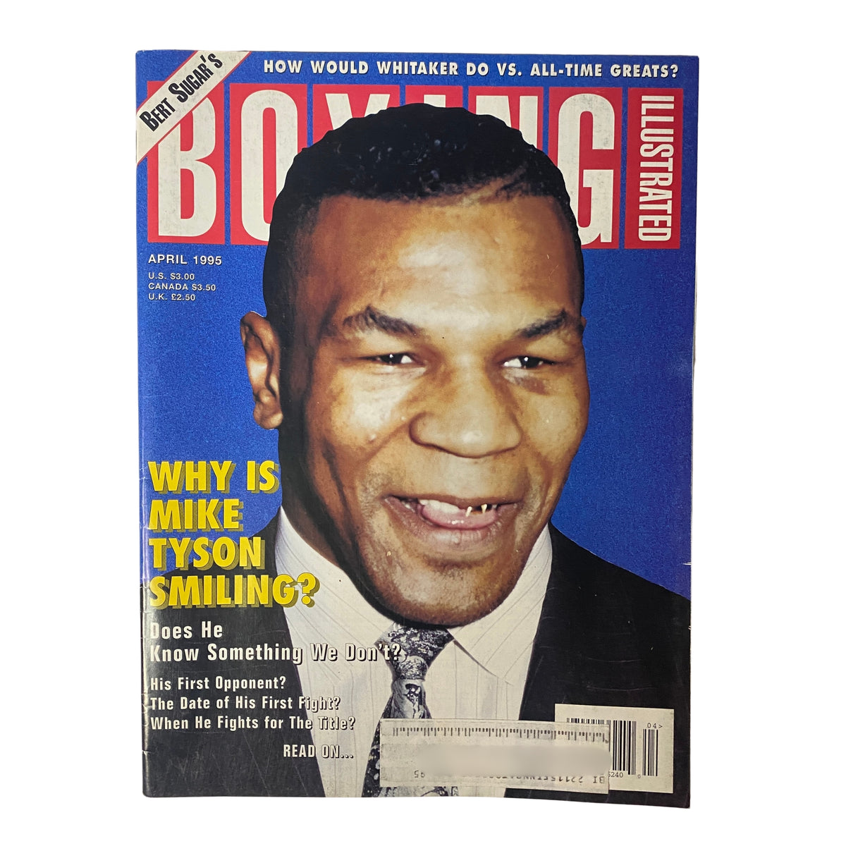 Cover of Boxing Illustrated Magazine April 1995 featuring Mike Tyson smiling with bold text questioning why he is smiling, highlighting topics about his boxing career.