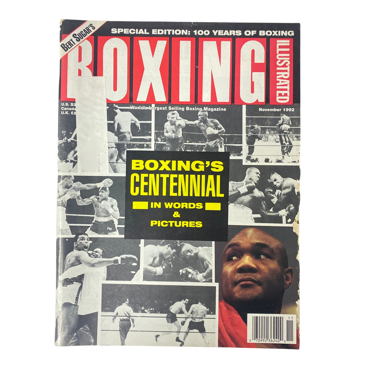 Cover of Boxing Illustrated Magazine November 1992 showcasing Boxing's Centennial in Words & Pictures, featuring iconic boxing imagery and a focus on the sport's history.