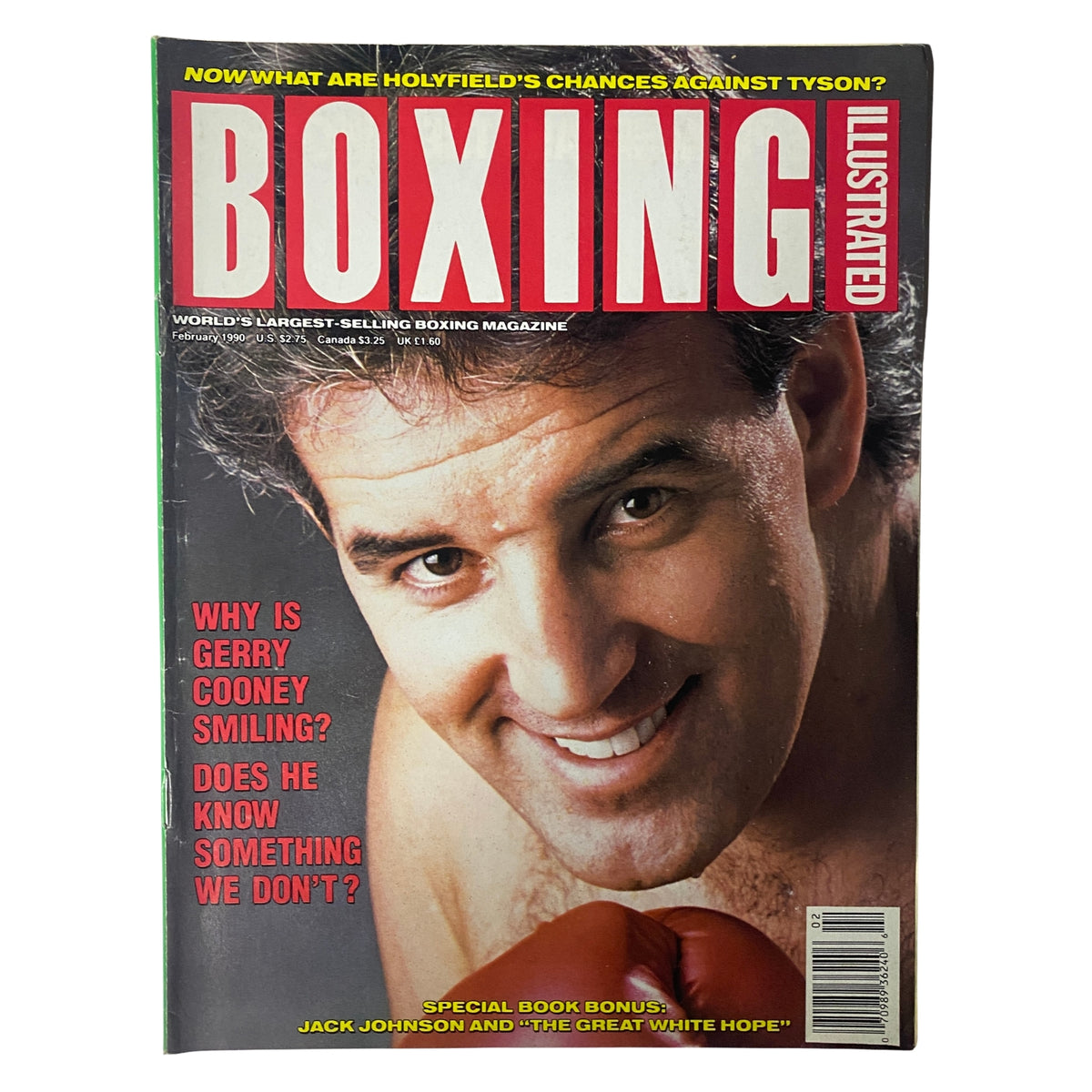 Cover of Boxing Illustrated Magazine February 1990 featuring Gerry Cooney with a smiling expression and a boxing glove, highlighting the exclusive interview and contemporary boxing content.