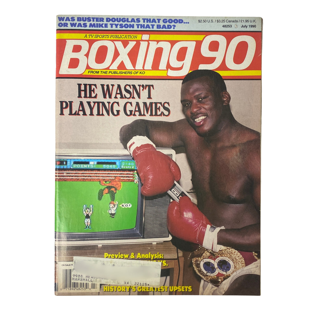 Boxing 90 Magazine July 1990 cover featuring Buster Douglas and Mike Tyson, highlighting the historic upset in boxing history with the tagline 'He Wasn't Playing Games'.