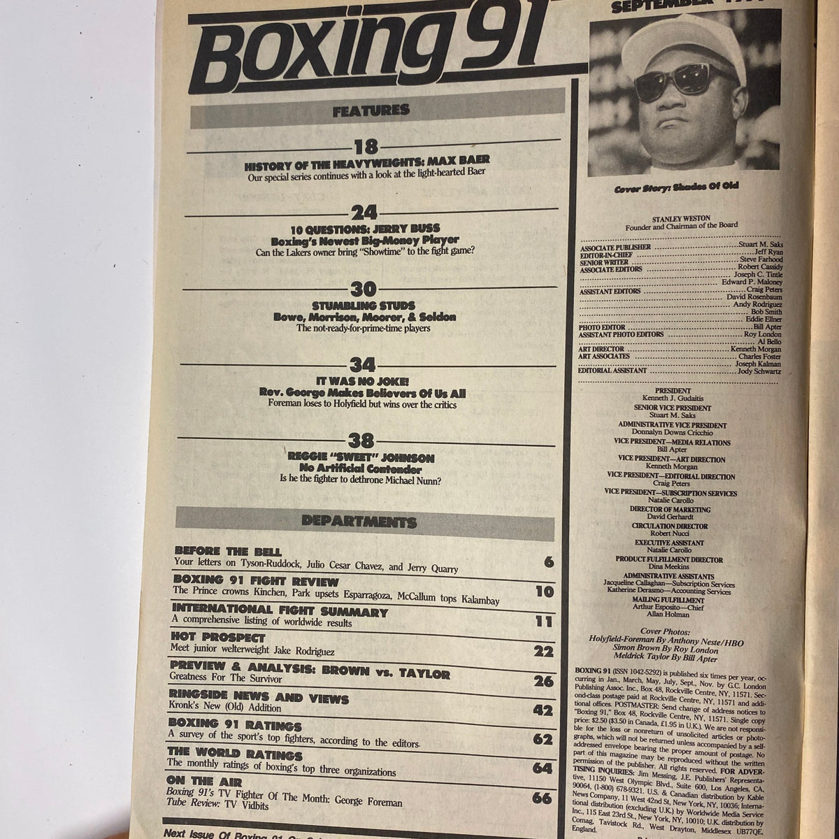 Interior page of Boxing '91 Magazine, September 1991 showcasing features and departments. Includes highlights on Max Baer, Jerry Buss, and boxing events. Relevant details from the issue's content.