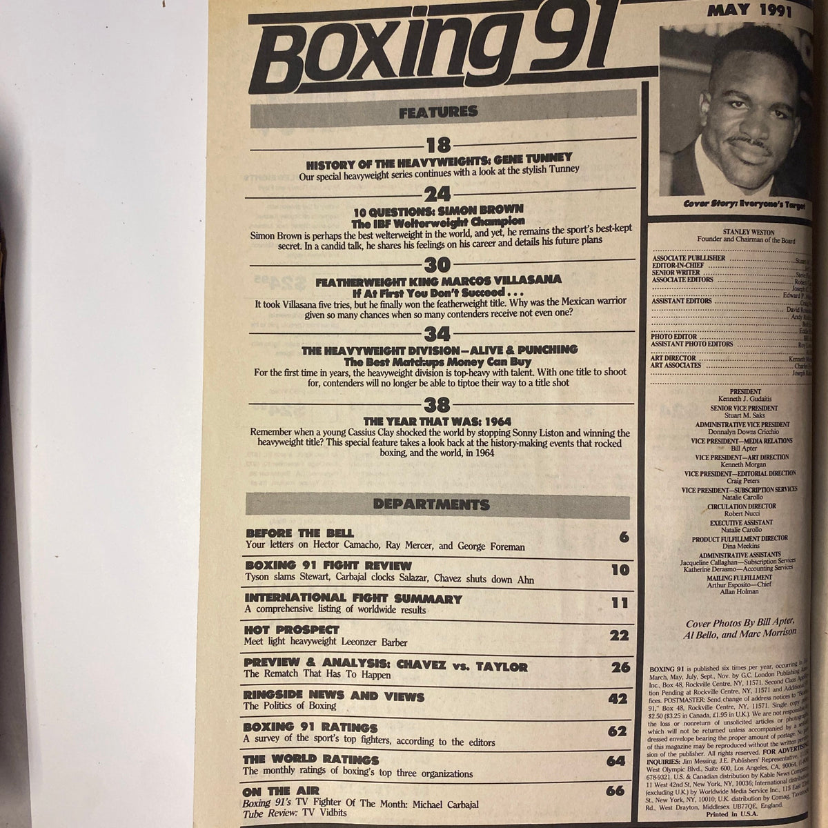 Cover page of Boxing 91 Magazine, May 1991, featuring Riddick Bowe and Evander Holyfield, highlighting articles on heavyweight boxing and key historical insights into the sport.