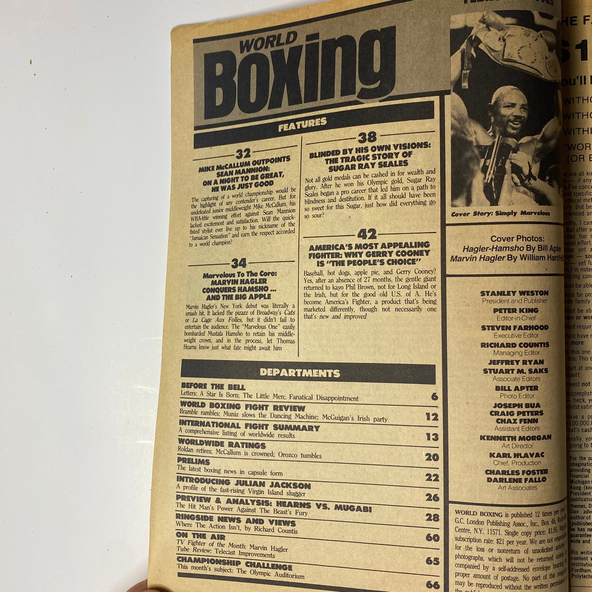 Inside page of World Boxing Magazine February 1985, detailing features and departments, including articles on boxing stars and strategies.