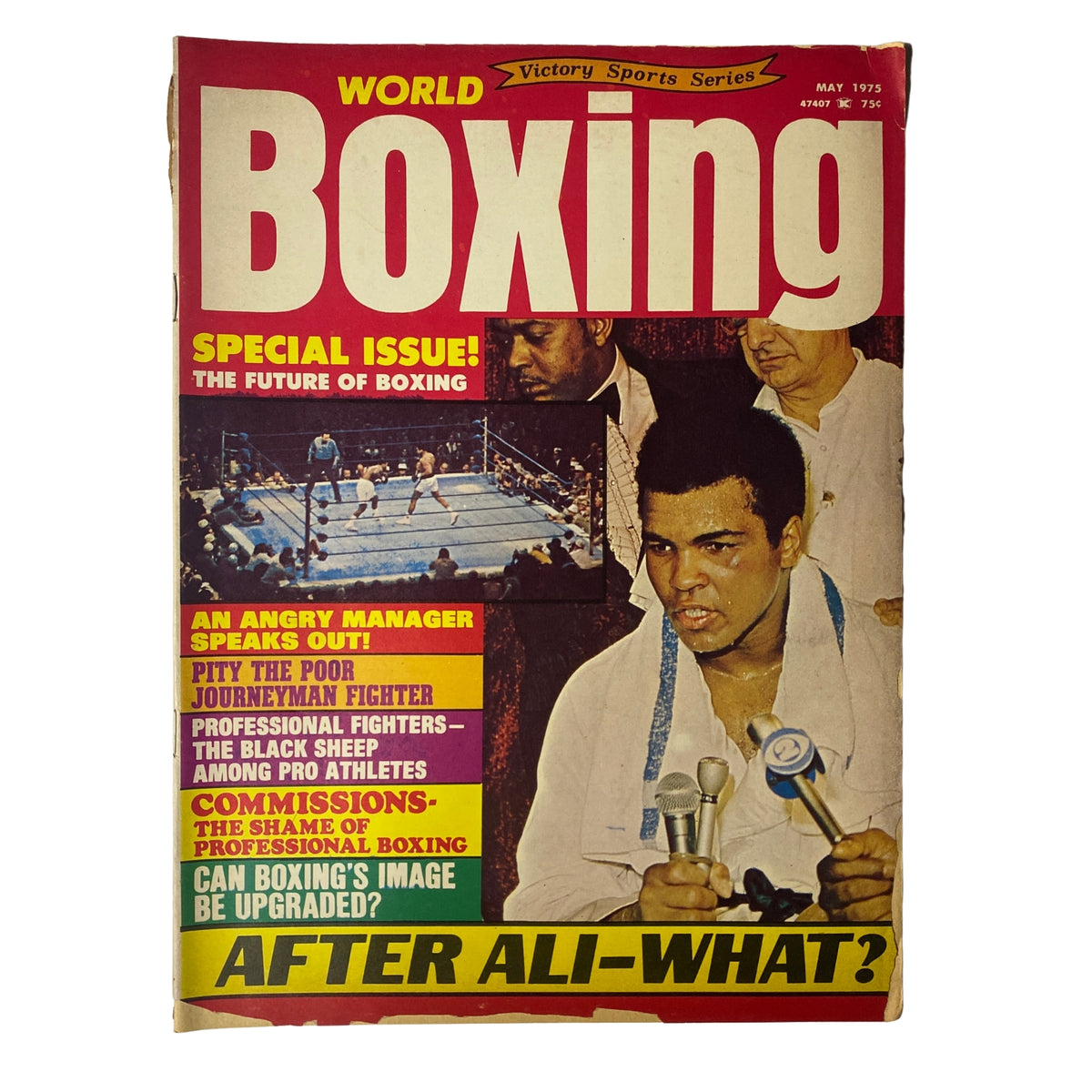 Cover of World Boxing Magazine, May 1975 featuring Muhammad Ali. Highlights key articles including 'The Future of Boxing,' 'After Ali—What?' and 'An Angry Manager Speaks Out.' Good condition with no label.