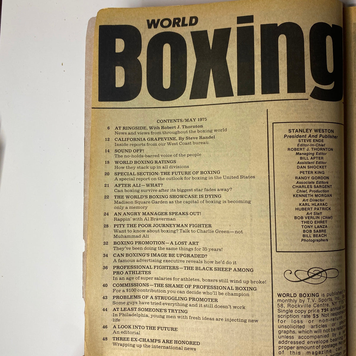 Table of contents from World Boxing Magazine, May 1975. Lists featured articles such as 'The Future of Boxing,' 'Pity the Poor Journeyman Fighter,' and 'Commission—The Shame of Professional Boxing.'