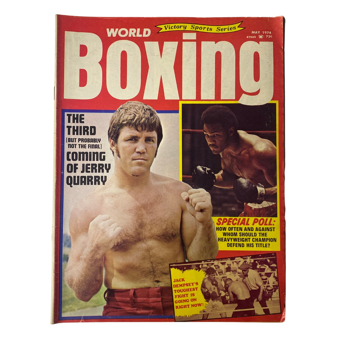 Cover of World Boxing Magazine May 1974 featuring Jerry Quarry and highlighting 'The Third But Probably Not the Final Coming of Jerry Quarry' with a special poll about how often a heavyweight champion should defend his title.