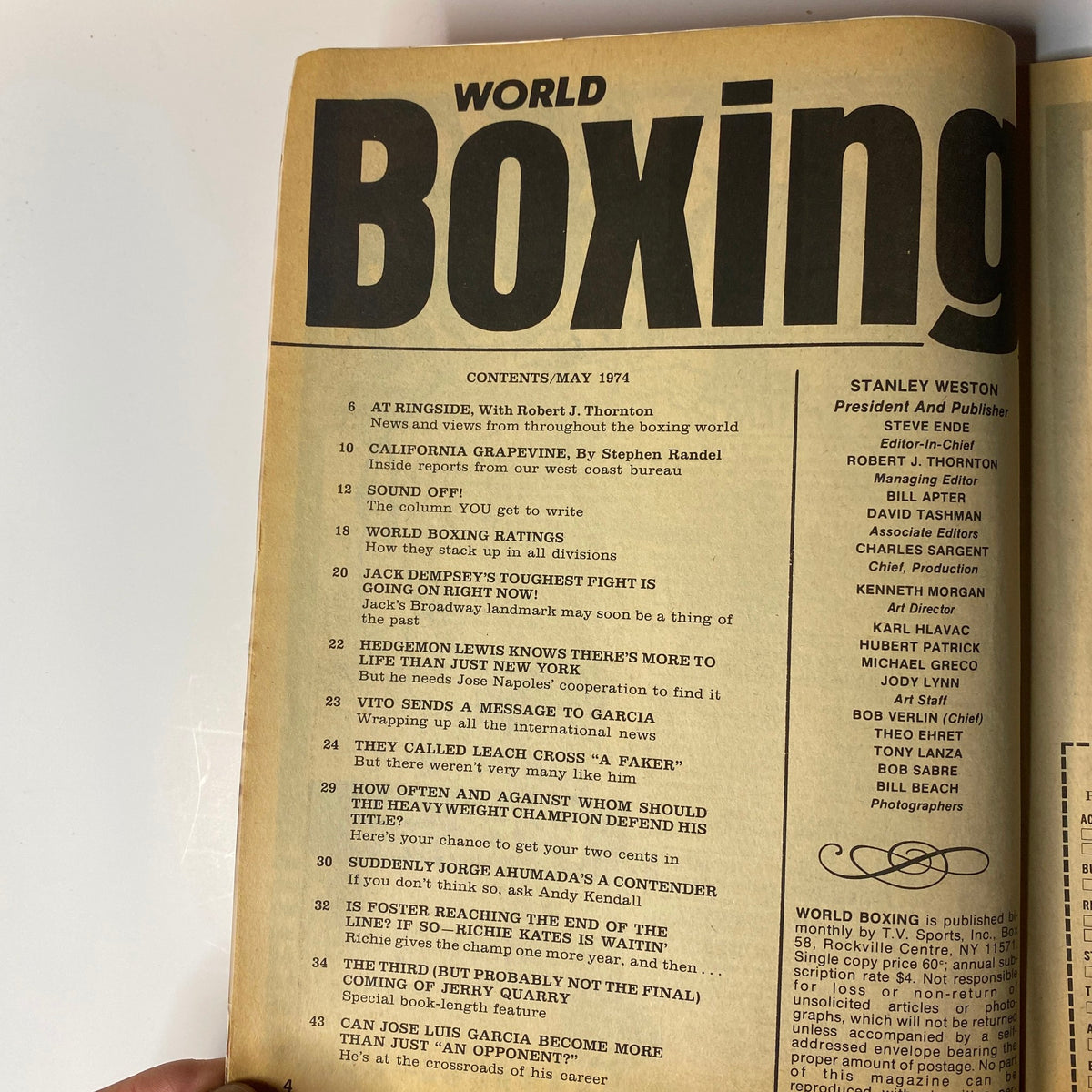 Contents page of World Boxing Magazine May 1974 detailing feature articles including Jack Dempsey's struggles and Hedgemon Lewis's career beyond New York.