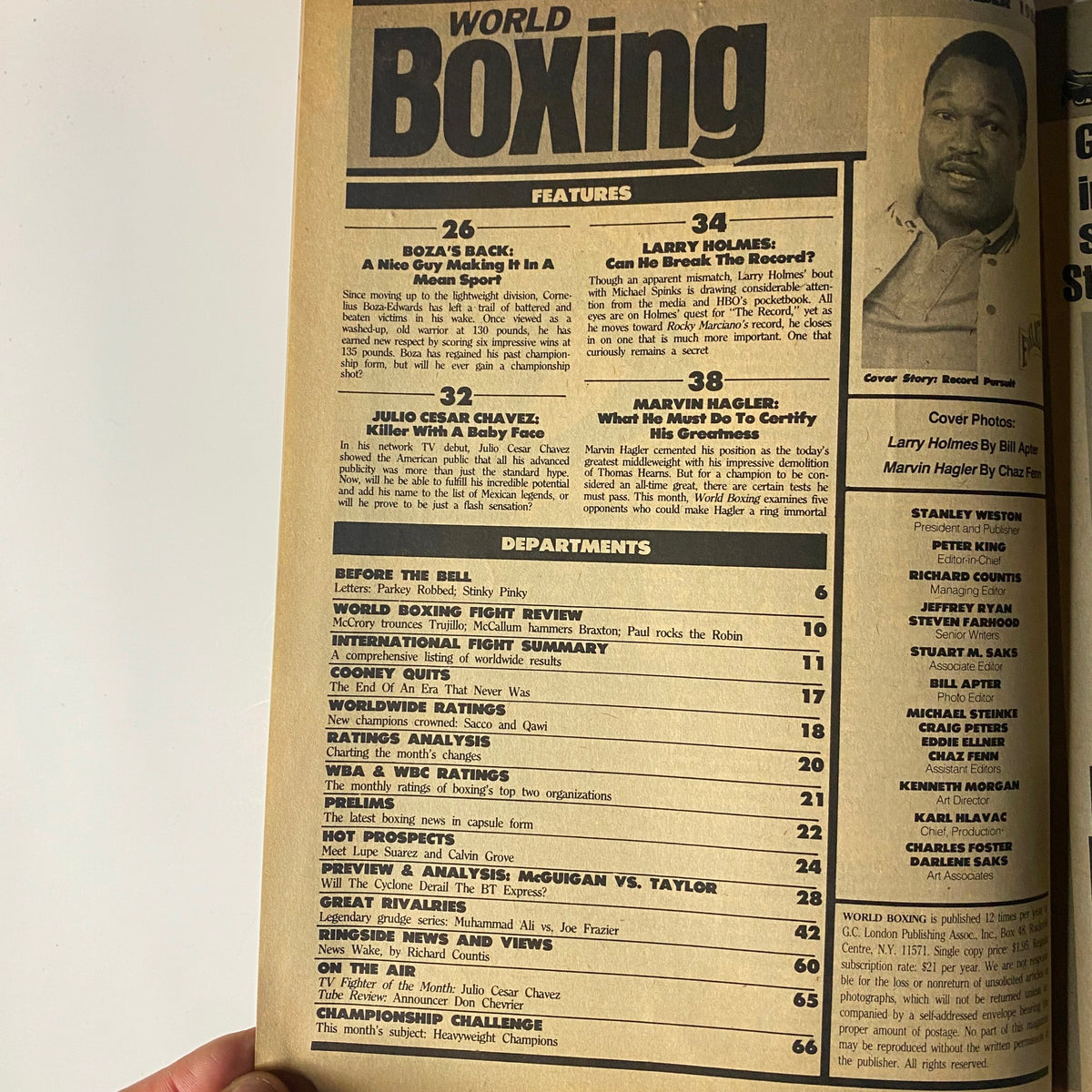 Interior page of World Boxing Magazine November 1985 displaying features including Larry Holmes, Julio Cesar Chavez, and Marvin Hagler, along with department listings and fight reviews.