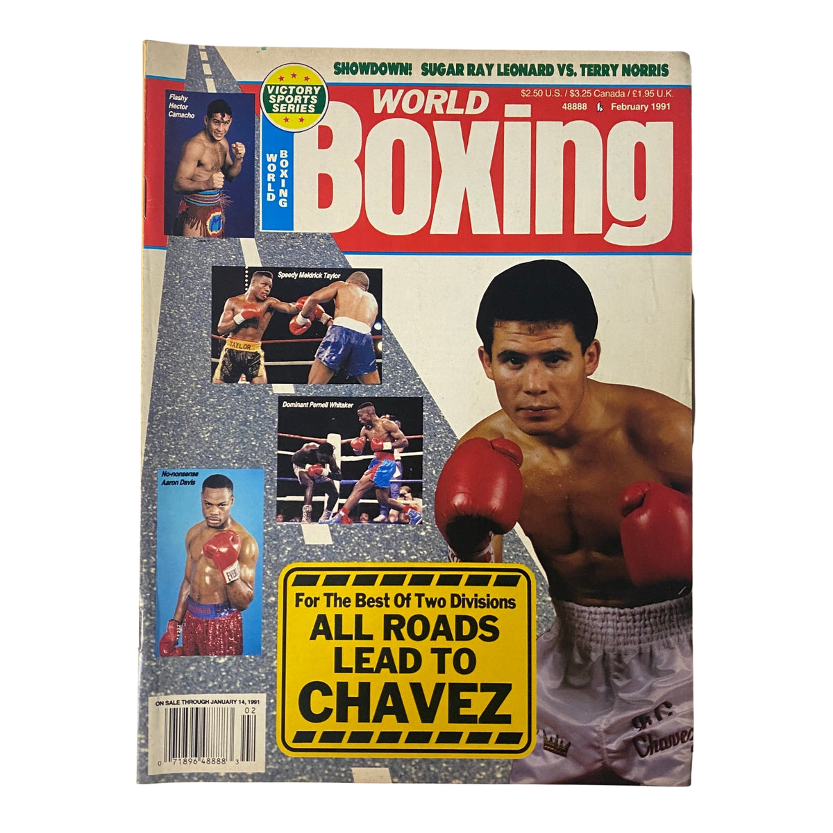 World Boxing Magazine February 1991 cover featuring Julio César Chávez, showcasing the headline 'All Roads Lead to Chávez' along with images of prominent boxers like Sugar Ray Leonard and Terry Norris.