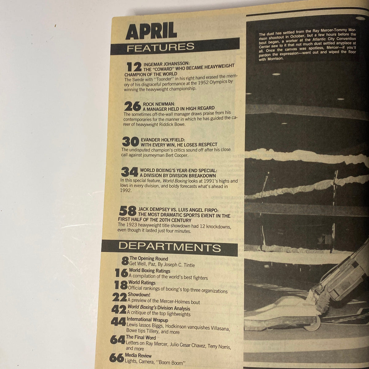 World Boxing Magazine April 1992 issue featuring Evander Holyfield and Bert Cooper. Page showcasing magazine features, including articles on Ingemar Johansson, Rock Newman, and Evander Holyfield's performance against Bert Cooper. Includes listing of departments and contents.