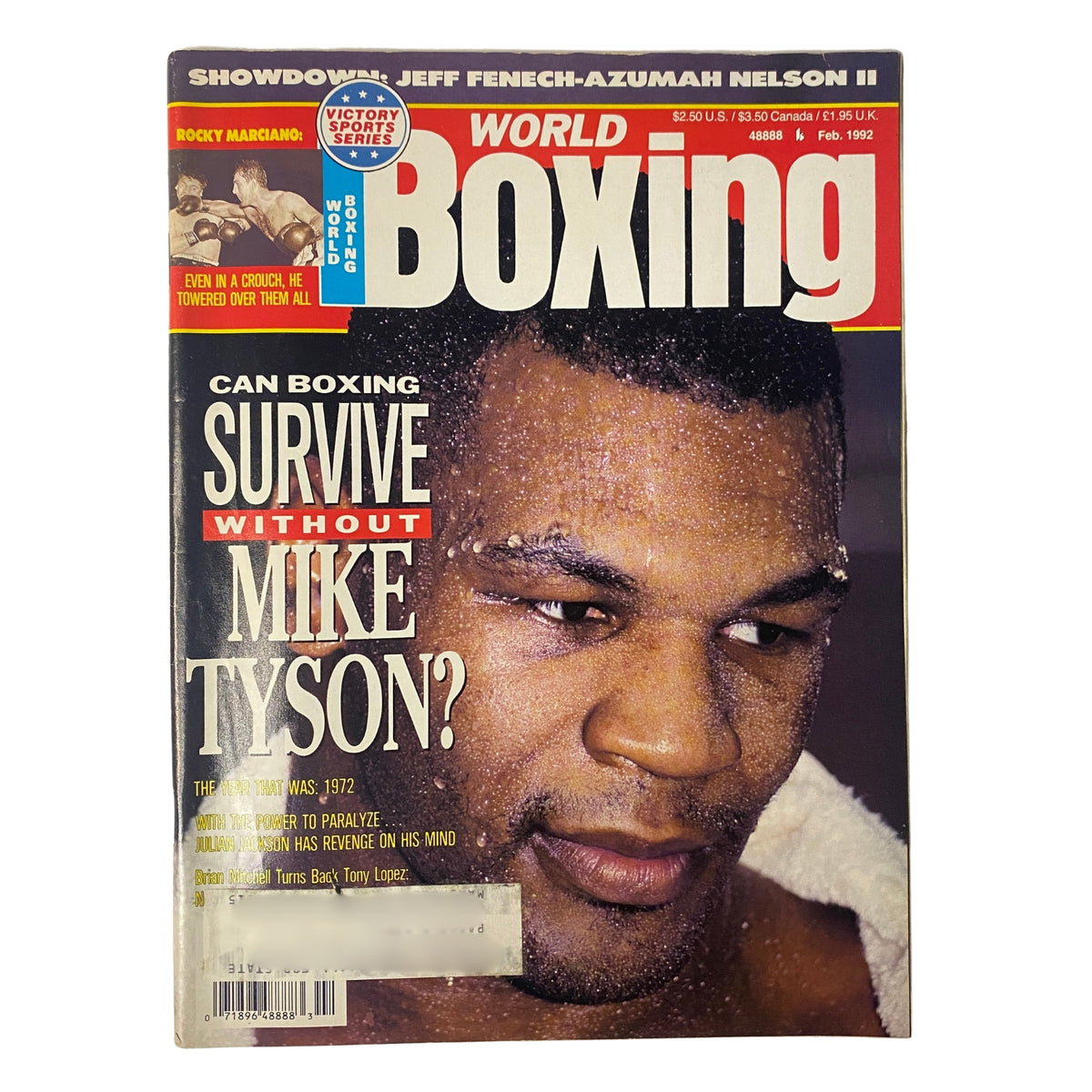 Cover of World Boxing Magazine February 1992 featuring Mike Tyson with the headline 'Can Boxing Survive Without Mike Tyson?'. The issue highlights Tyson's future and a significant Holyfield challenge.