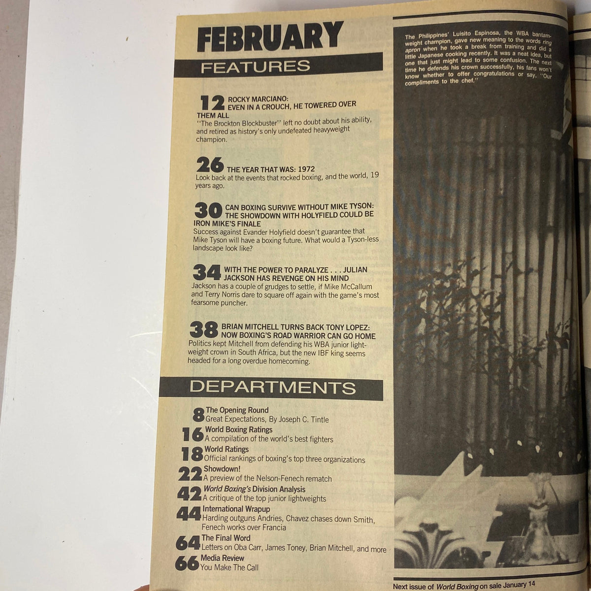 Interior page of World Boxing Magazine February 1992 detailing features including 'Rocky Marciano: Even in a Crouch, He Towered Over Them All' and 'The Year That Was: 1972'.