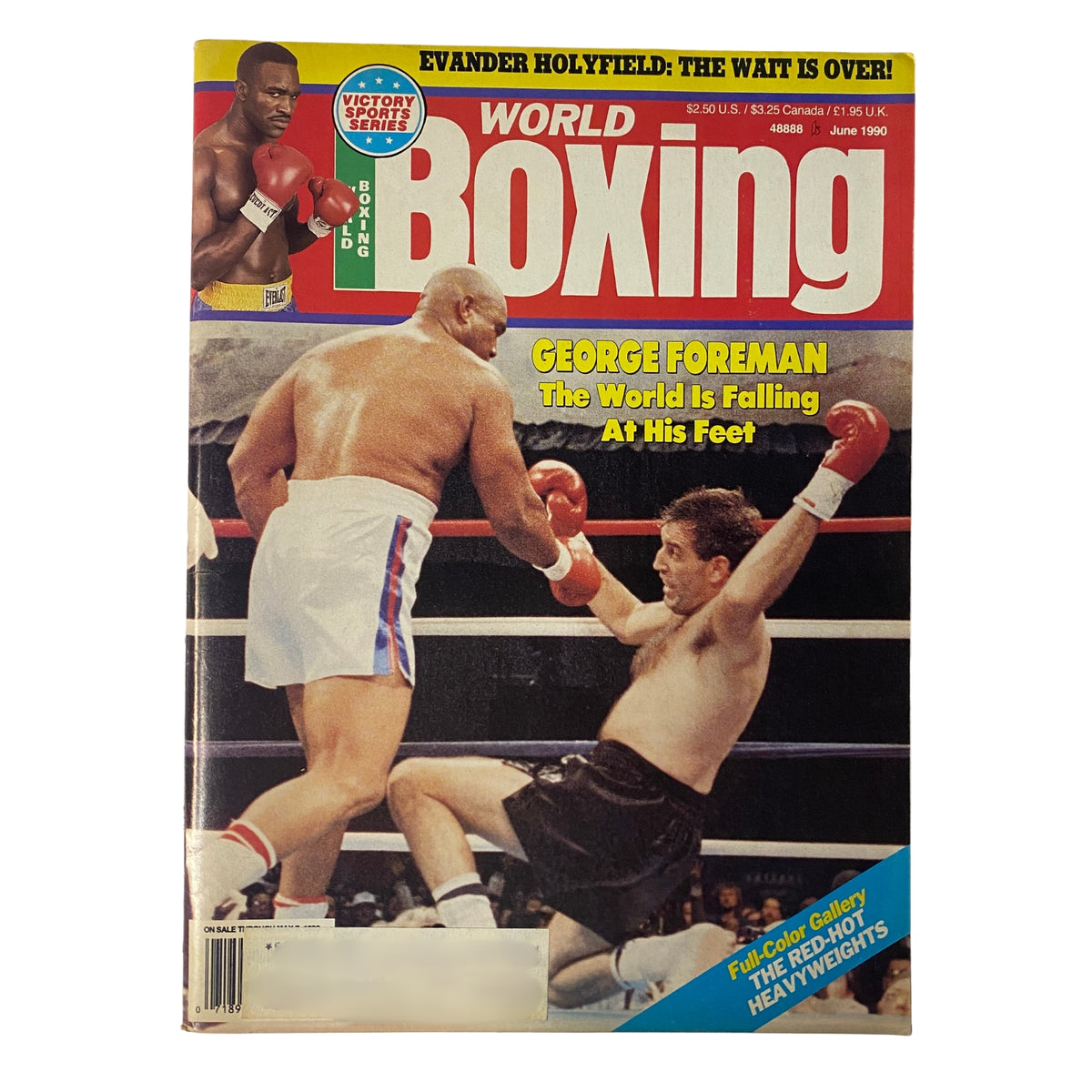 World Boxing Magazine June 1990 featuring George Foreman on the cover, depicting a boxing match where Foreman is landing a punch. The magazine highlights the pivotal moment in heavyweight boxing.