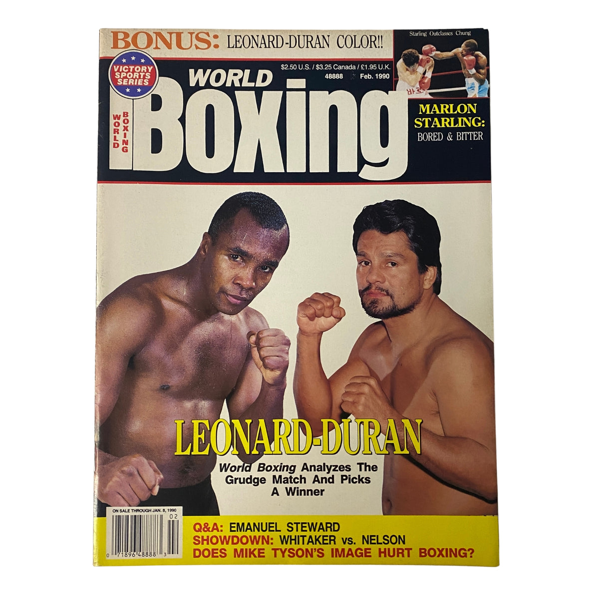 Cover of World Boxing Magazine February 1990 featuring Sugar Ray Leonard and Roberto Durán, highlighting their rivalry with the title 'LEONARD-DURAN' and featuring articles such as 'Marlon Starling: Bored and Bitter'.