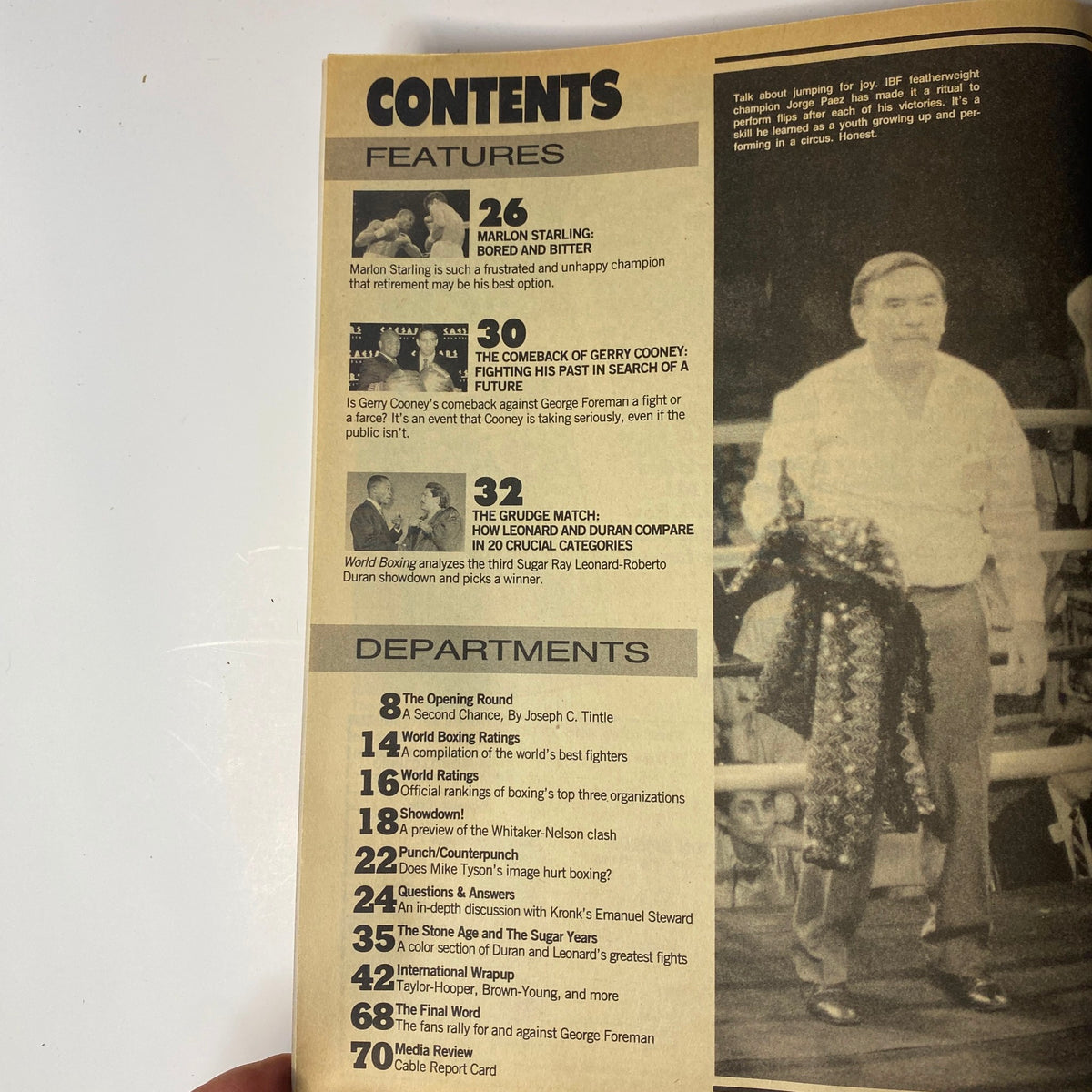 Table of contents page from World Boxing Magazine February 1990, listing feature articles on Marlon Starling, Gerry Cooney, and the Leonard-Durán matchup.