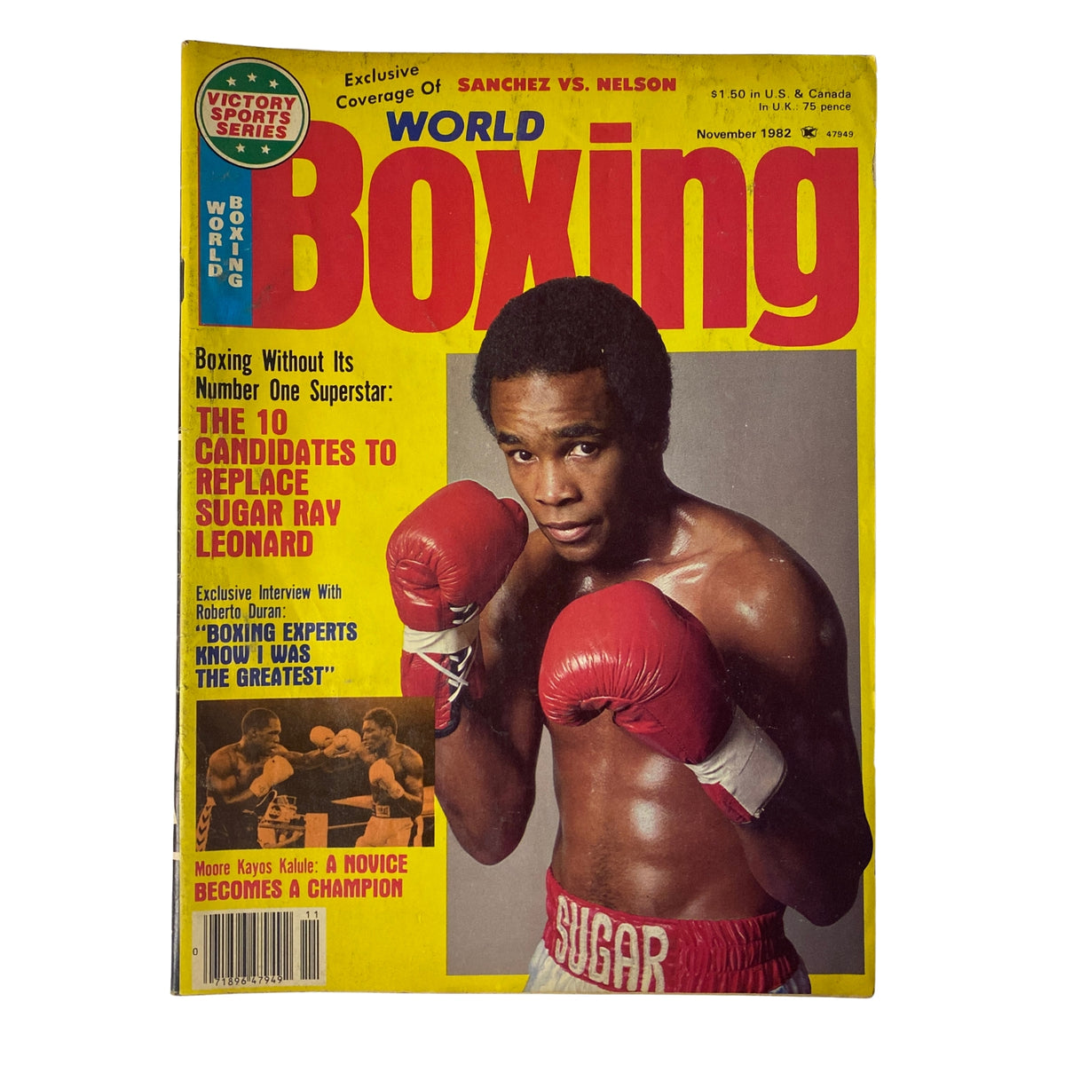 World Boxing Magazine cover for November 1982 featuring Sugar Ray Leonard, highlighting topics such as 'The 10 Candidates to Replace Sugar Ray Leonard' and exclusive interview with Roberto Duran. The magazine is in very good condition with vibrant colors.
