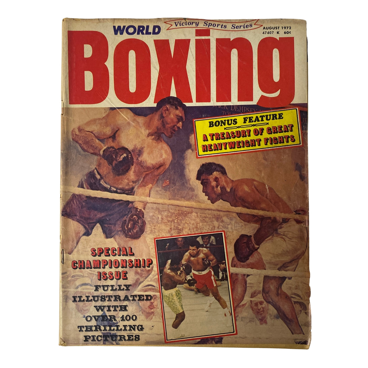 World Boxing Magazine August 1972 featuring a cover illustration of boxers in action. This collectible issue is notable for its special championship feature and highlights a treasury of great heavyweight fights.