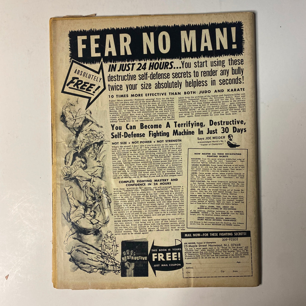 Back cover of World Boxing Magazine August 1972 with advertisement stating 'Fear No Man!' featuring self-defense products and information.