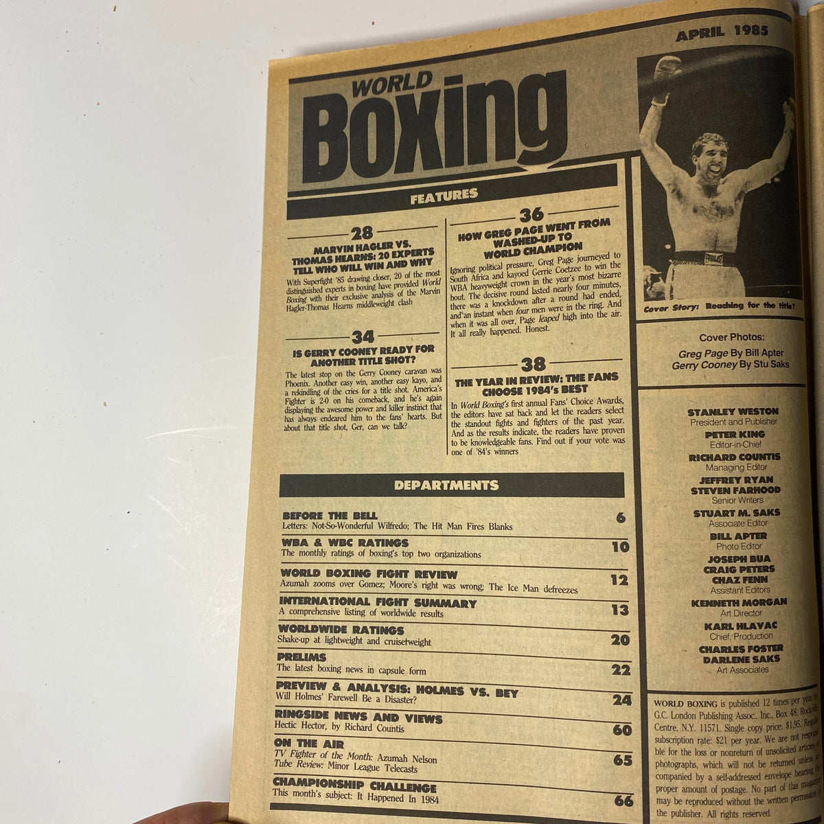 Interior page of World Boxing Magazine from April 1985 featuring articles on Marvin Hagler vs Thomas Hearns, Gerry Cooney's title chances, and Greg Page's comeback as a heavyweight champion. Includes magazine features and departments overview.