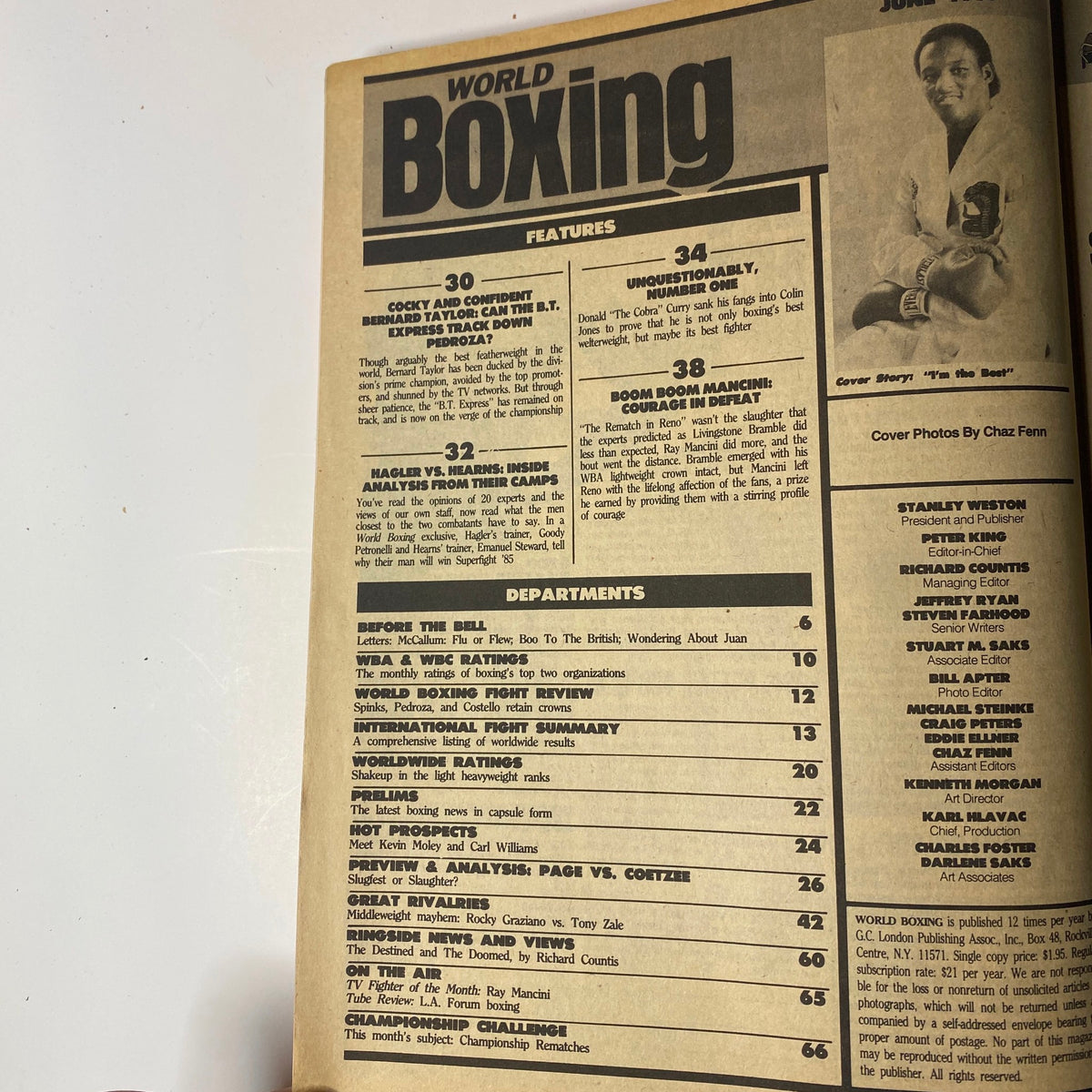 Inside page of World Boxing Magazine June 1985 listing features and departments including articles on Donald Curry and other notable boxing topics from that issue.