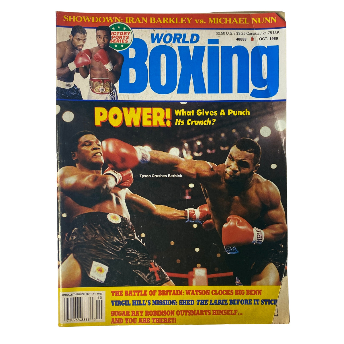 Cover of World Boxing Magazine - October 1989 featuring Mike Tyson vs. Trevor Berbick, showcasing the headline 'POWER! What Gives a Punch Its Crunch?' and images of Tyson in action.